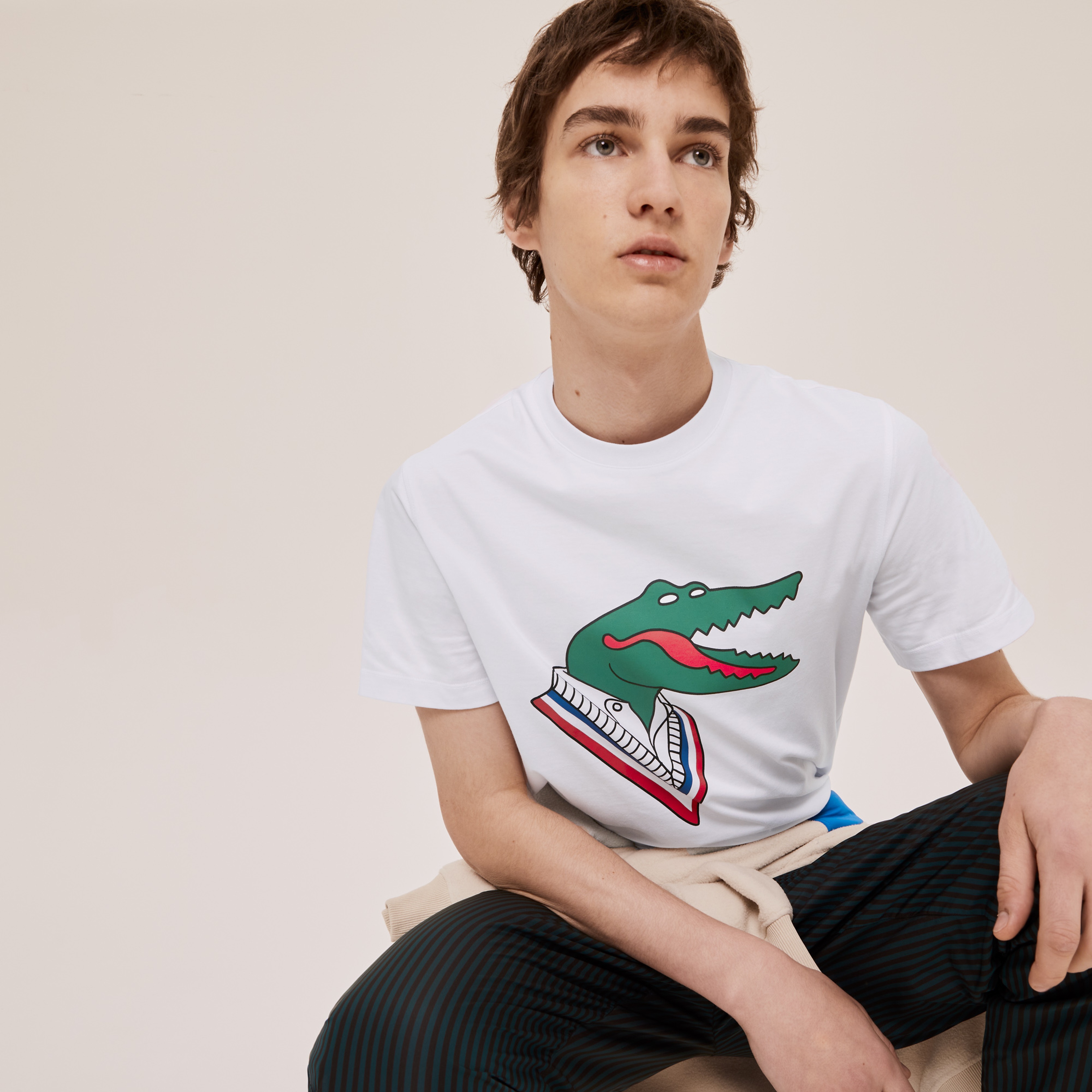 Lacoste X Jean-Michel Tixier Unisex Bisiklet Yaka Baskılı Beyaz T-Shirt