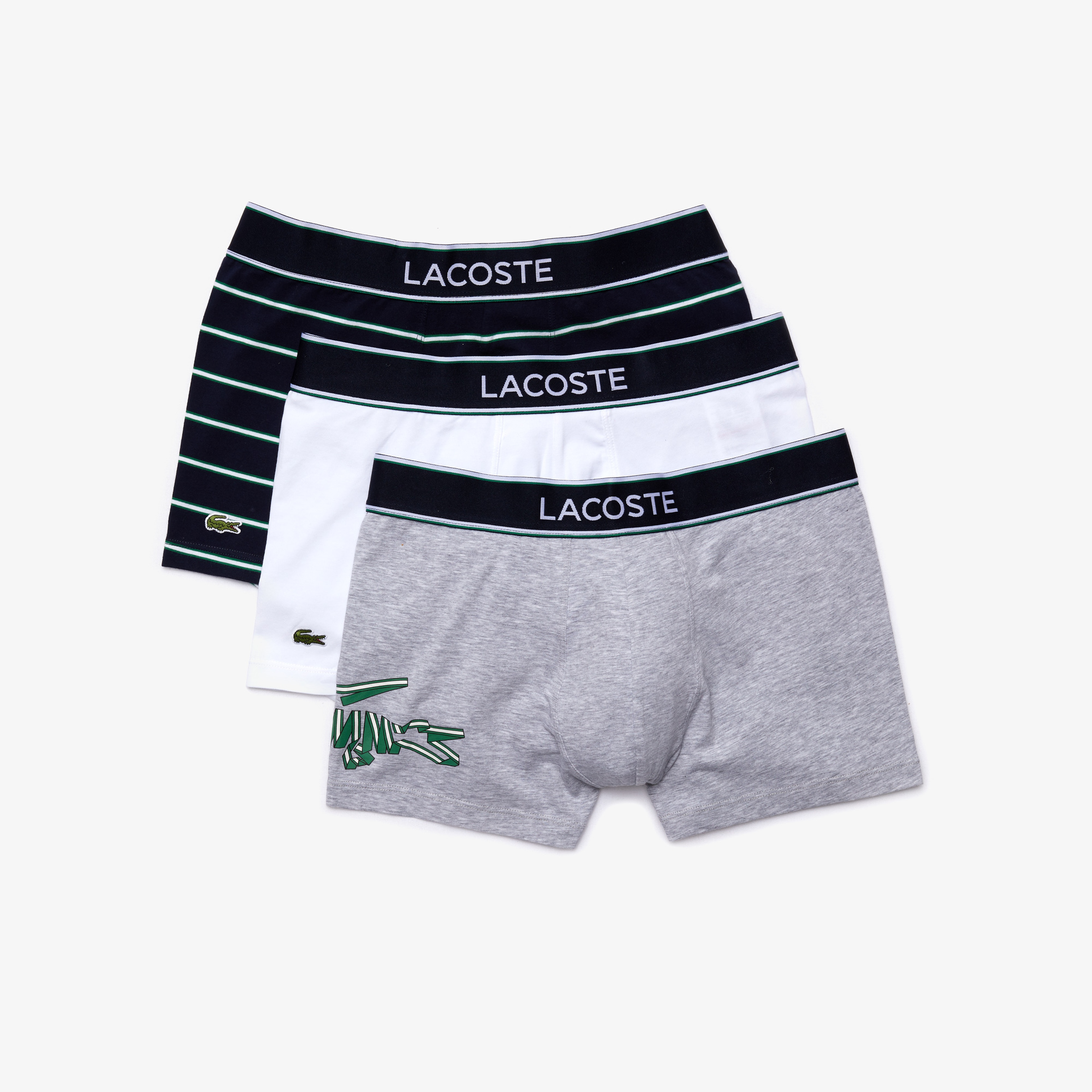 Lacoste Erkek Timsah Baskılı 3'lü Gri - Beyaz - Lacivert Boxer