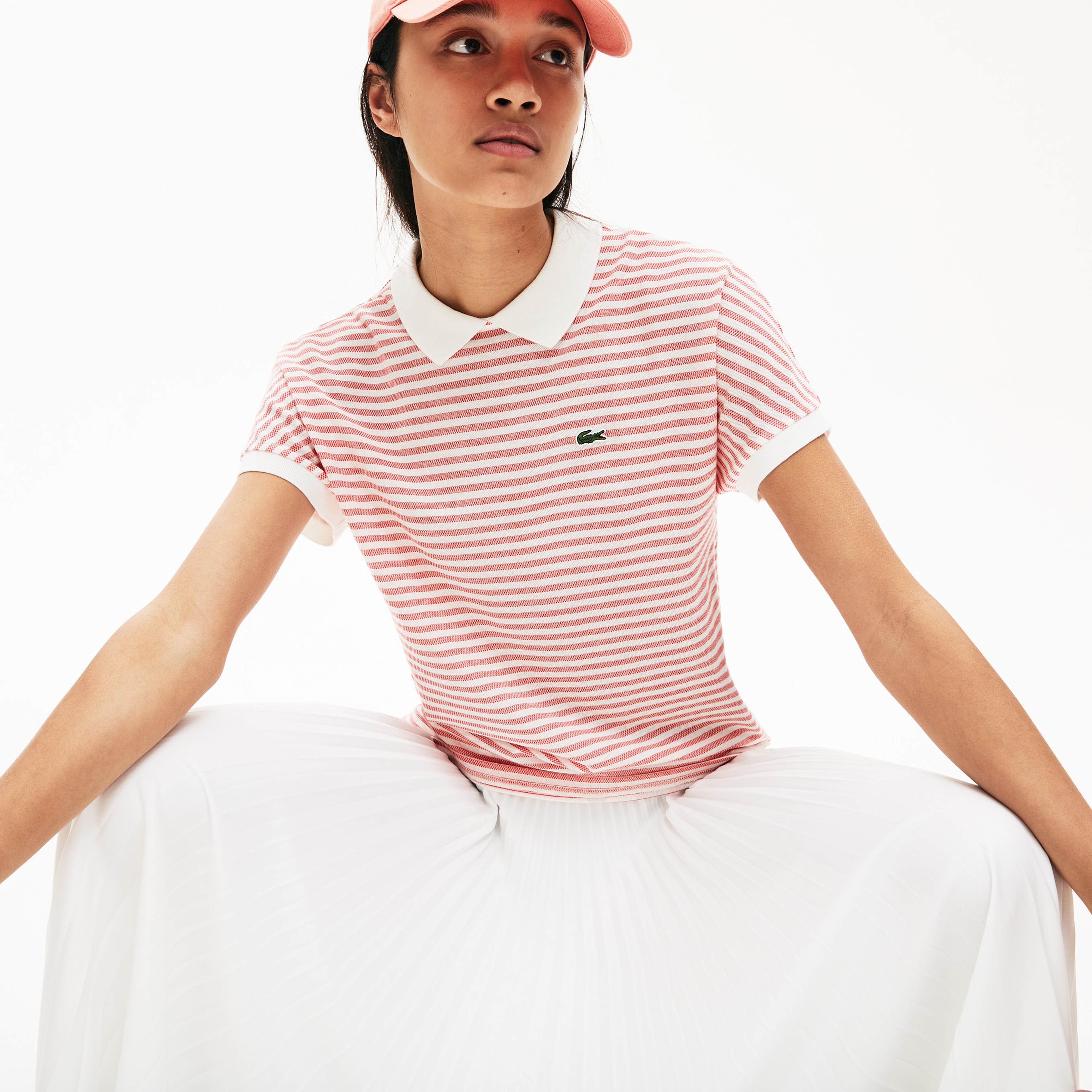 Lacoste Kadın Klasik Fit Bebe Yaka Çizgili Kırmızı - Beyaz Polo