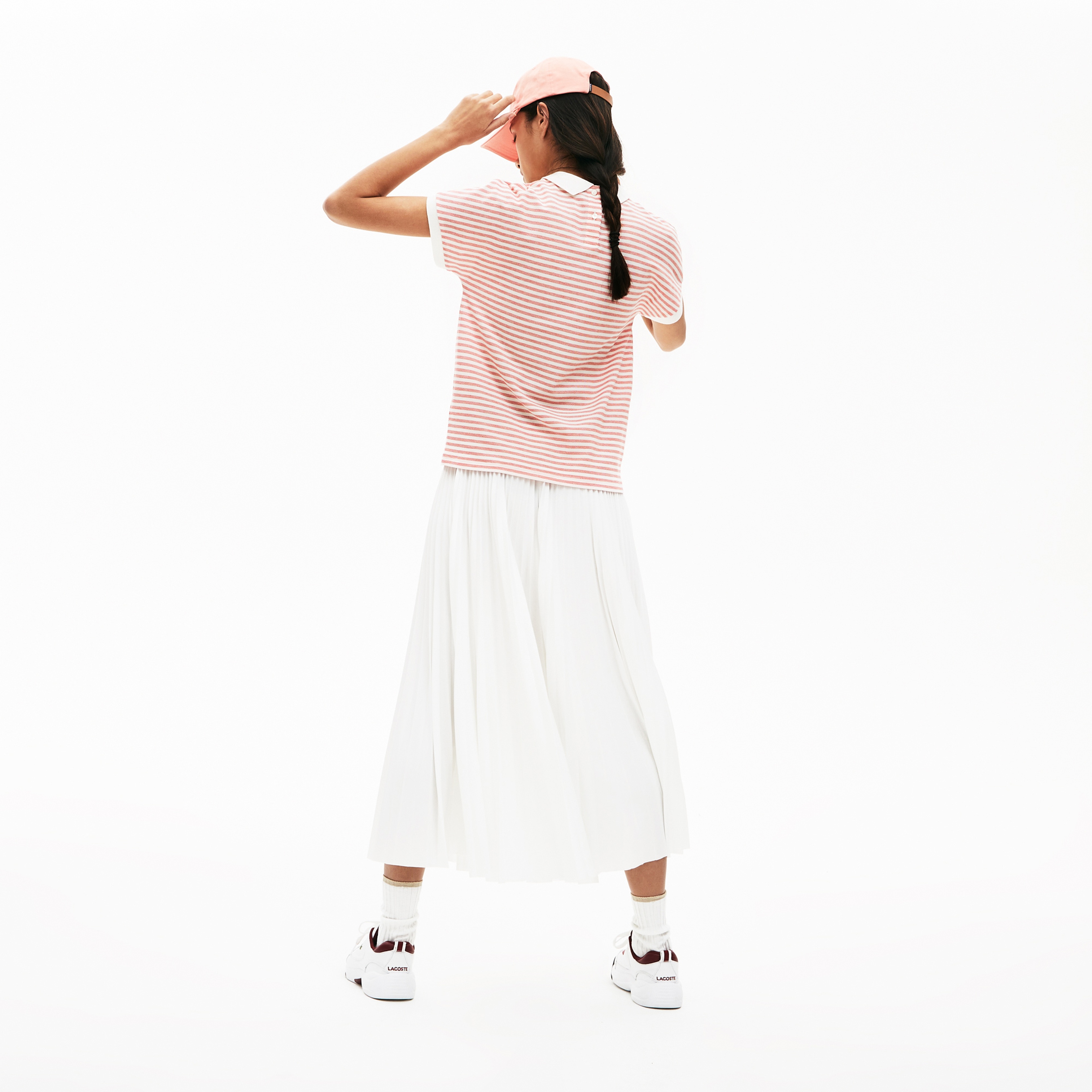 Lacoste Kadın Klasik Fit Bebe Yaka Çizgili Kırmızı - Beyaz Polo