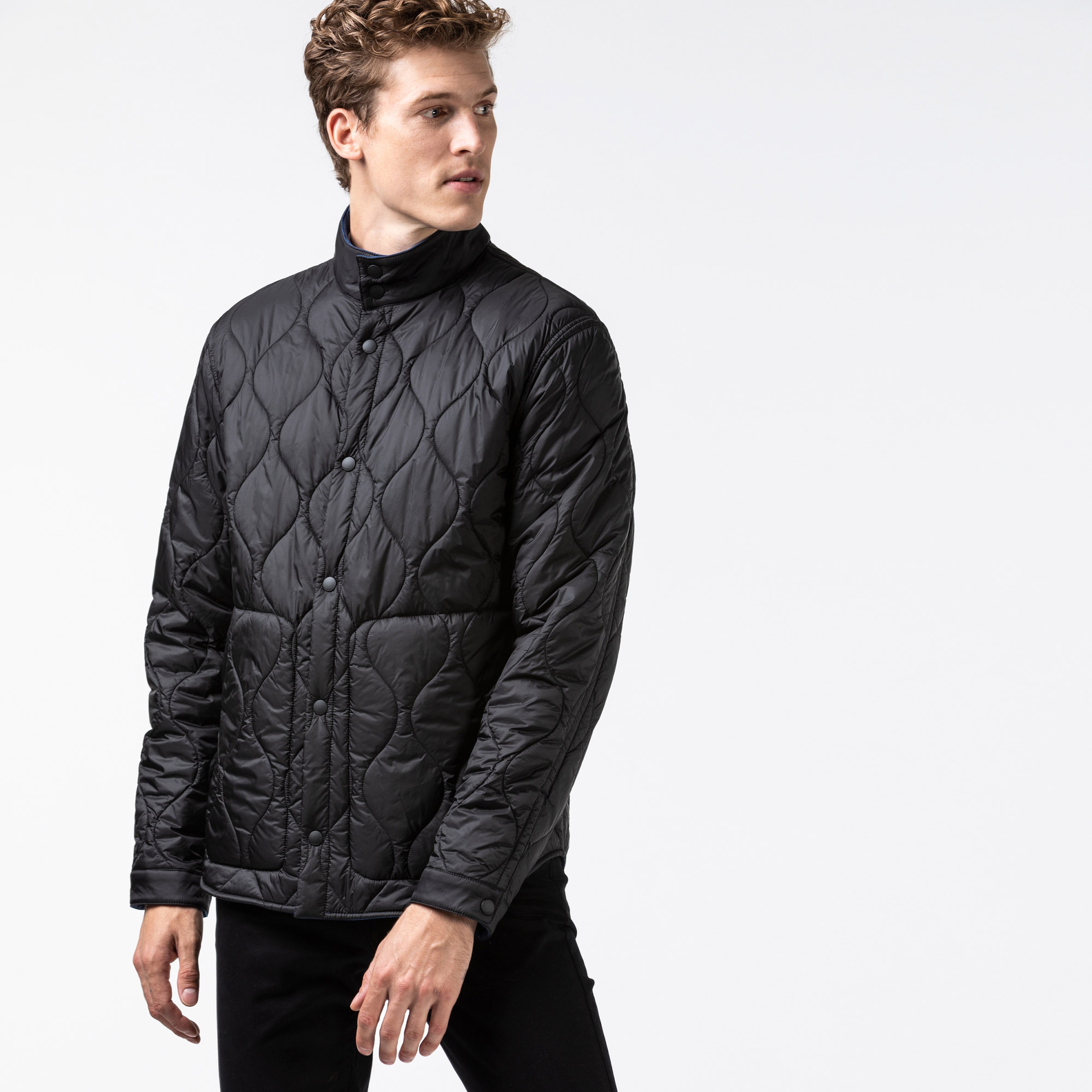 Lacoste Erkek Kapitone Dik Yaka Siyah - Lacivert Çift Taraflı Mont