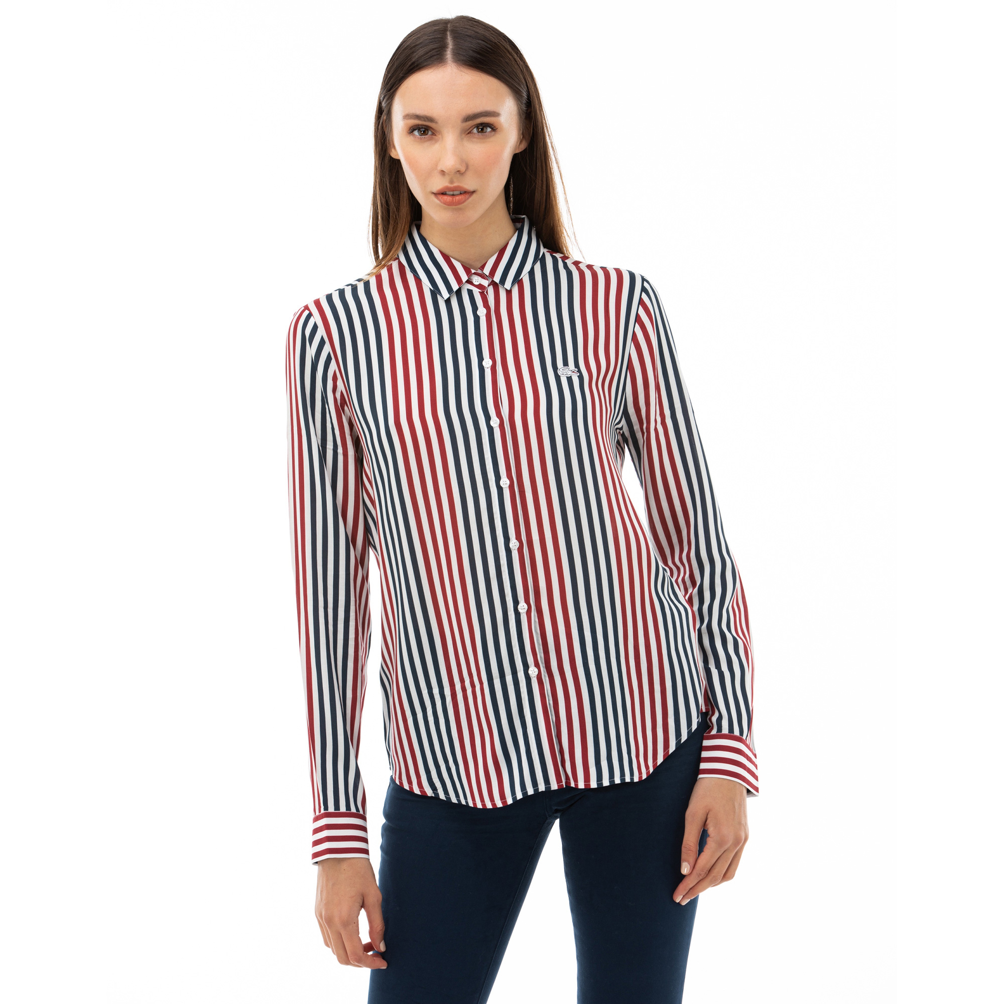 Lacoste Kadın Çizgili Bordo Gömlek