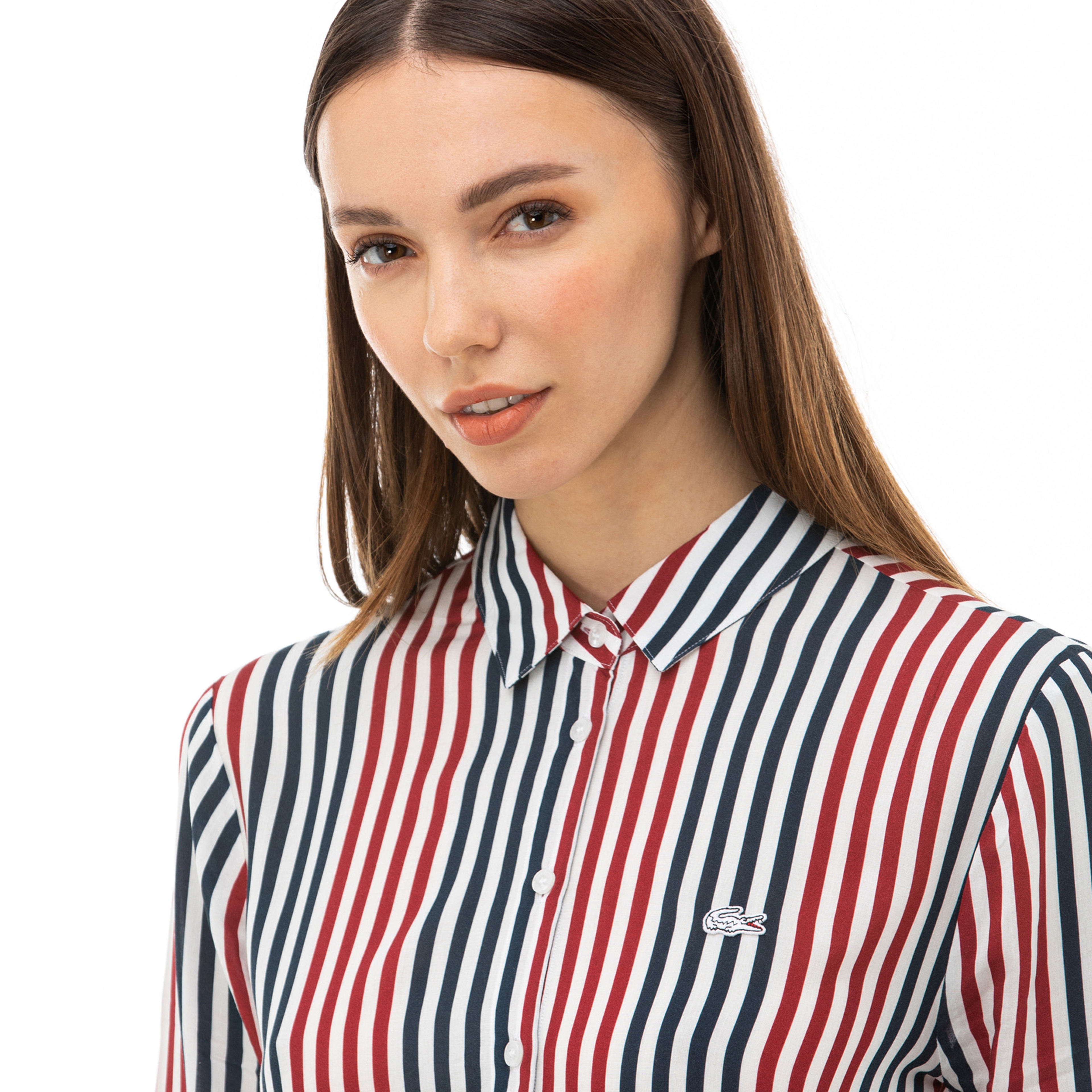 Lacoste Kadın Çizgili Bordo Gömlek