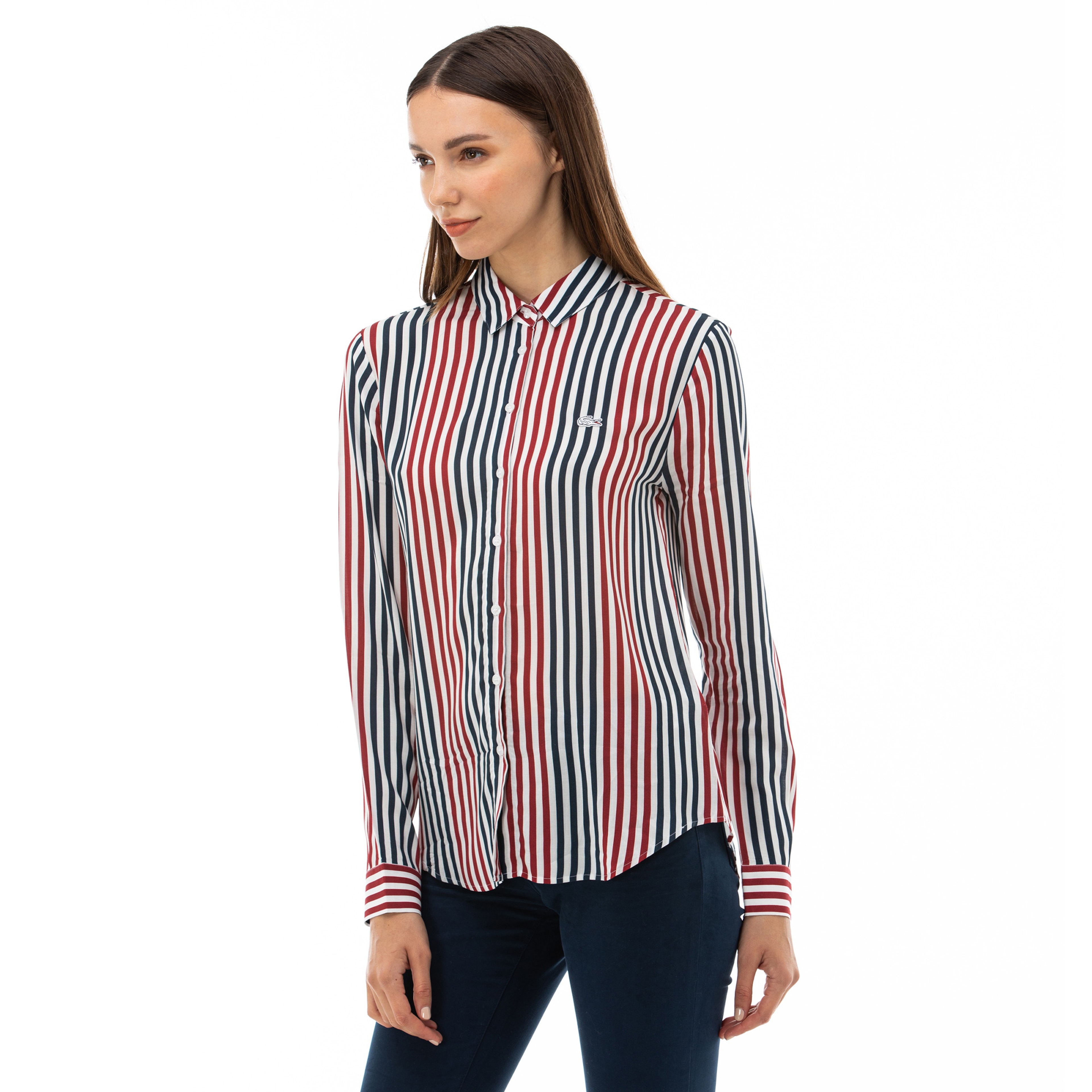 Lacoste Kadın Çizgili Bordo Gömlek