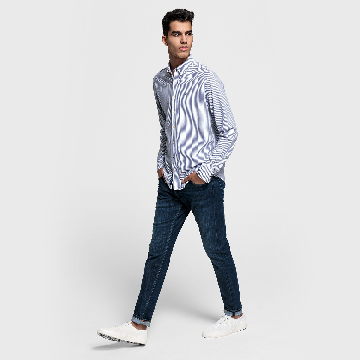 GANT Erkek Mavi Çizgili Regular Fit Tech Prep Gömlek