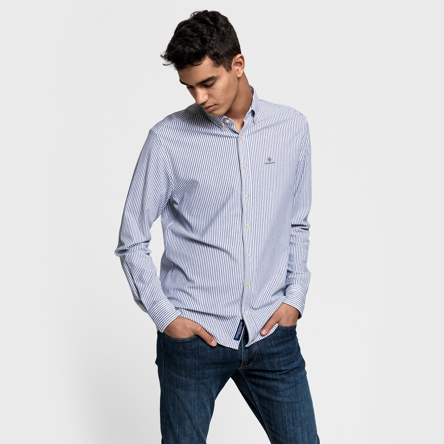 GANT Erkek Mavi Çizgili Regular Fit Tech Prep Gömlek