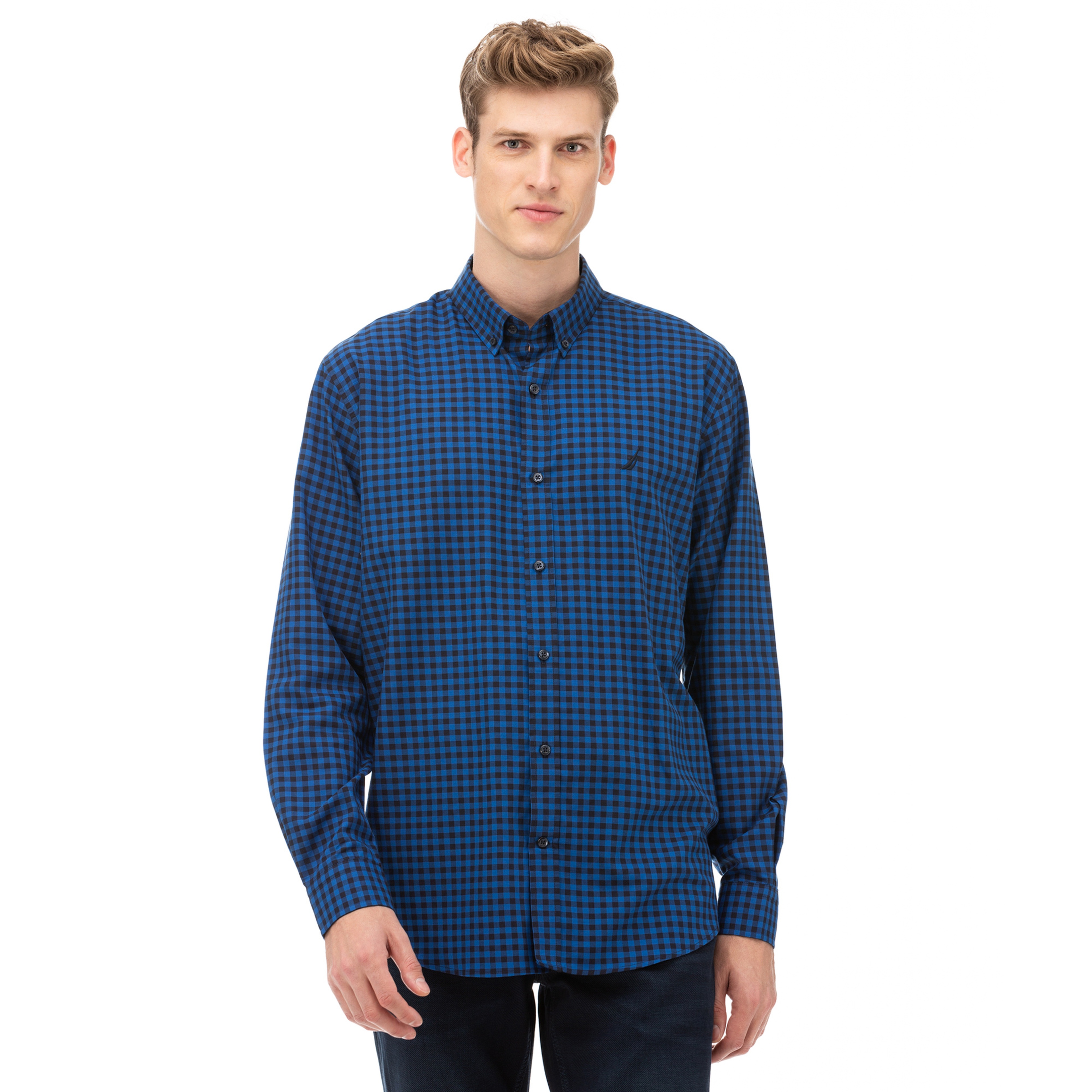 NAUTICA Erkek Mavi Classic Fit Kareli Gömlek