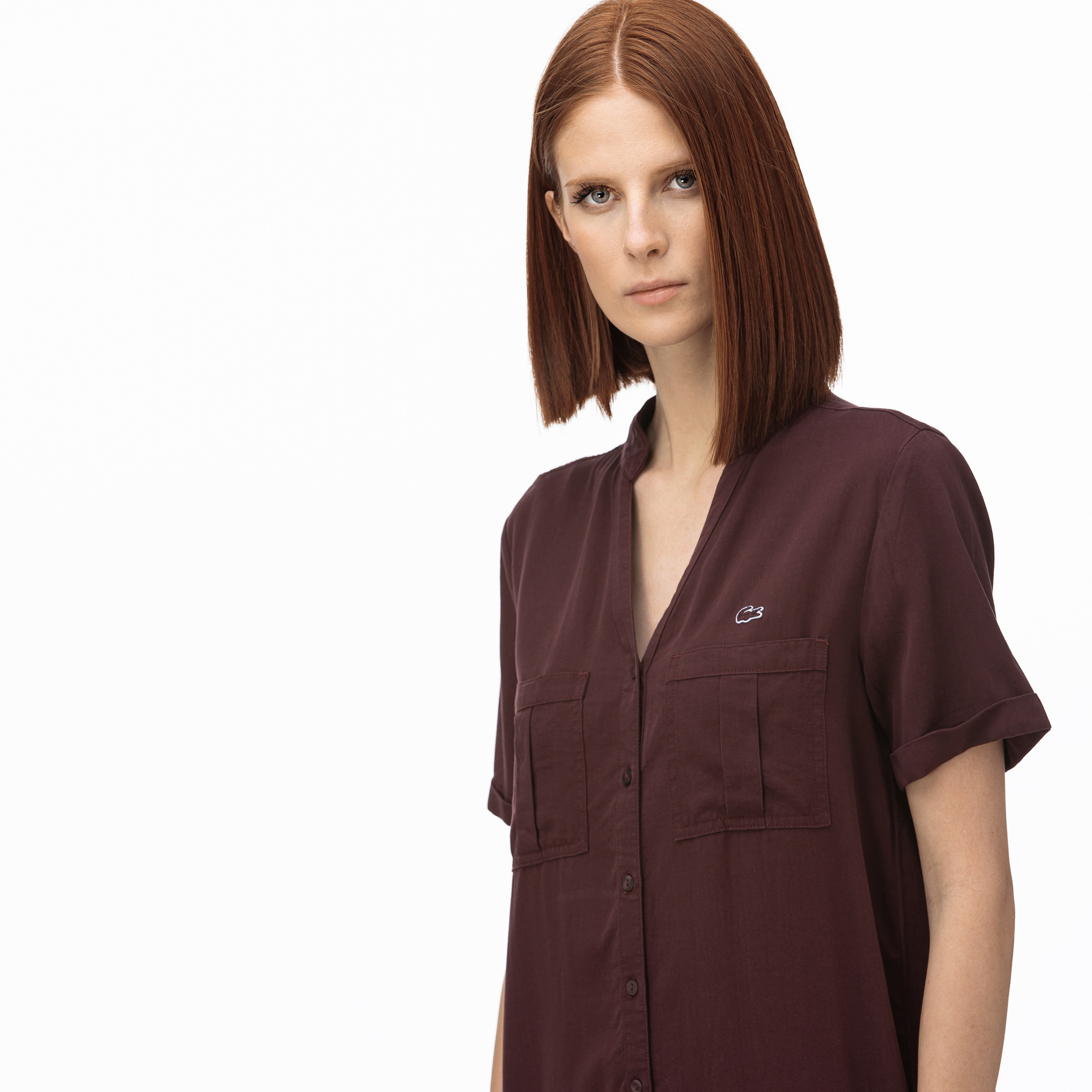 Lacoste Kadın V Yaka Denim Bordo Elbise