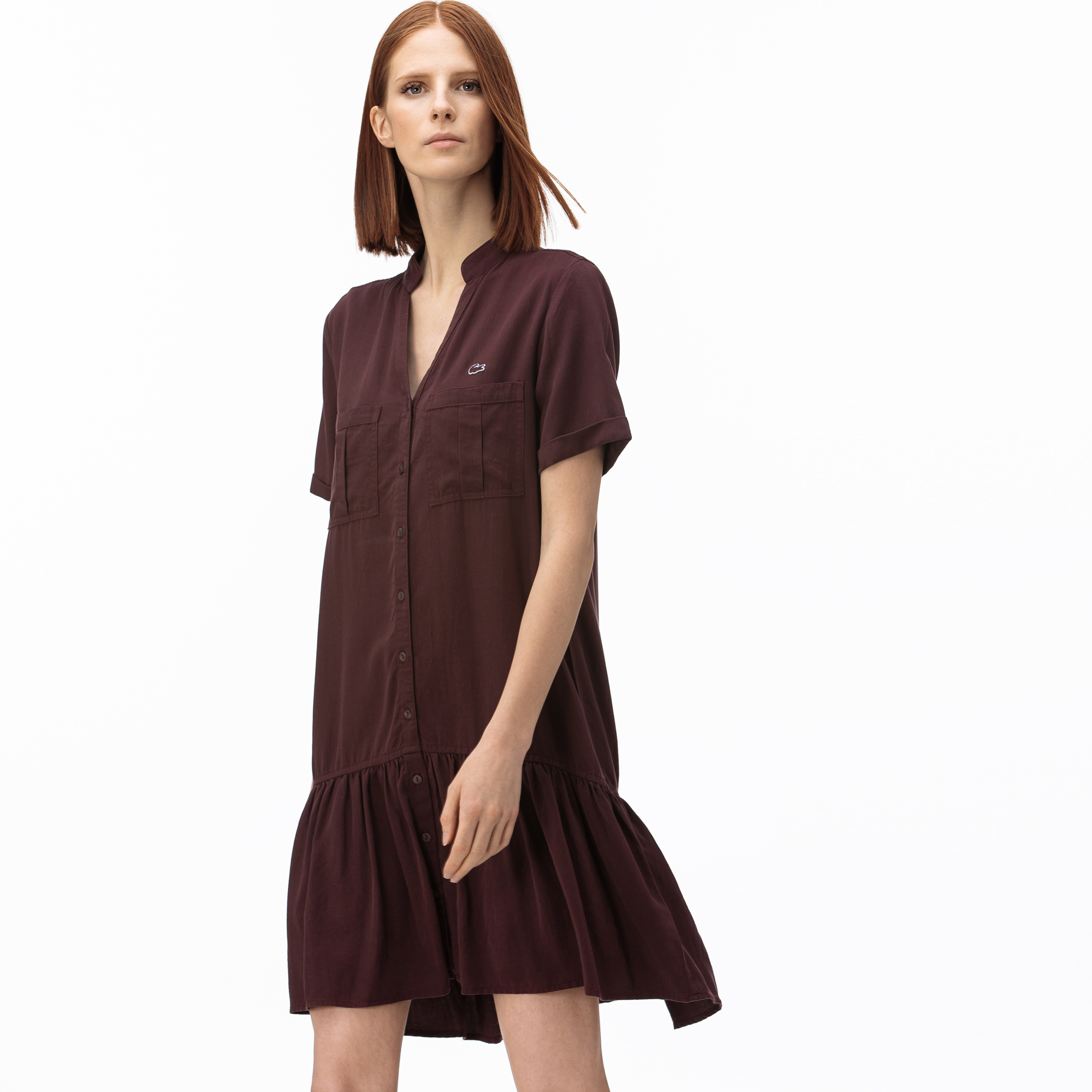 Lacoste Kadın V Yaka Denim Bordo Elbise