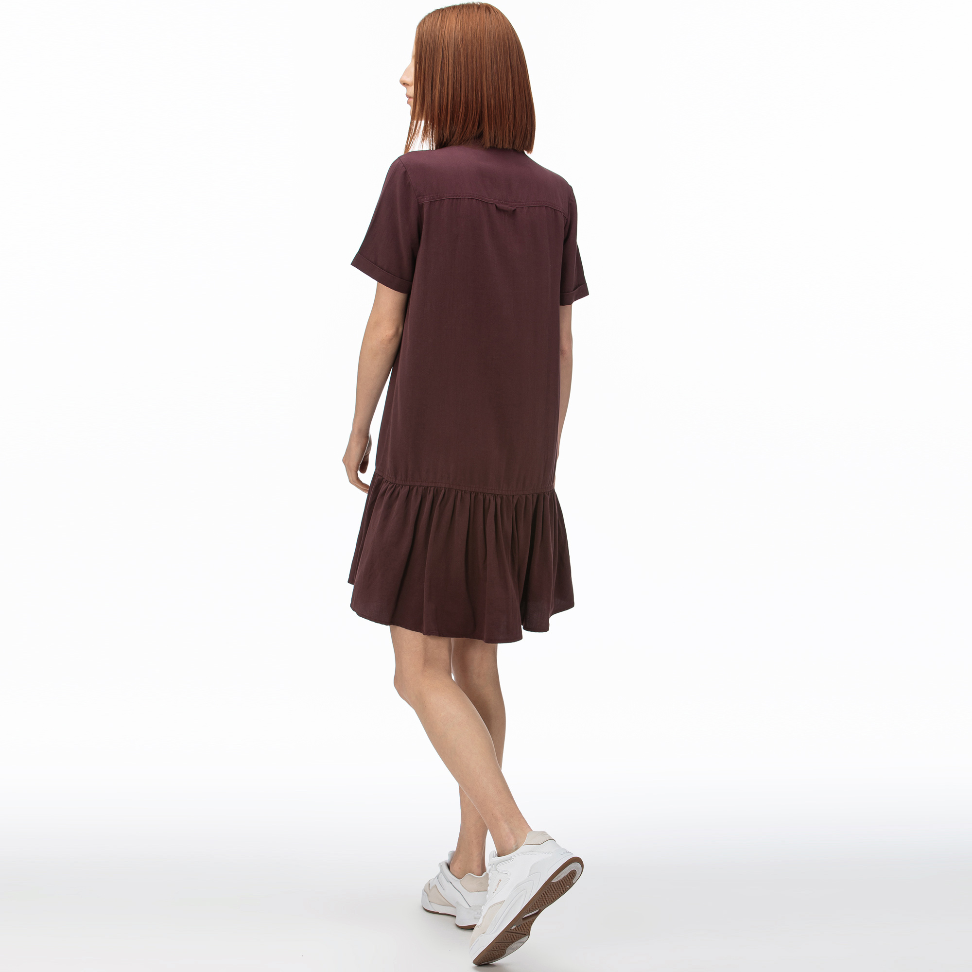 Lacoste Kadın V Yaka Denim Bordo Elbise