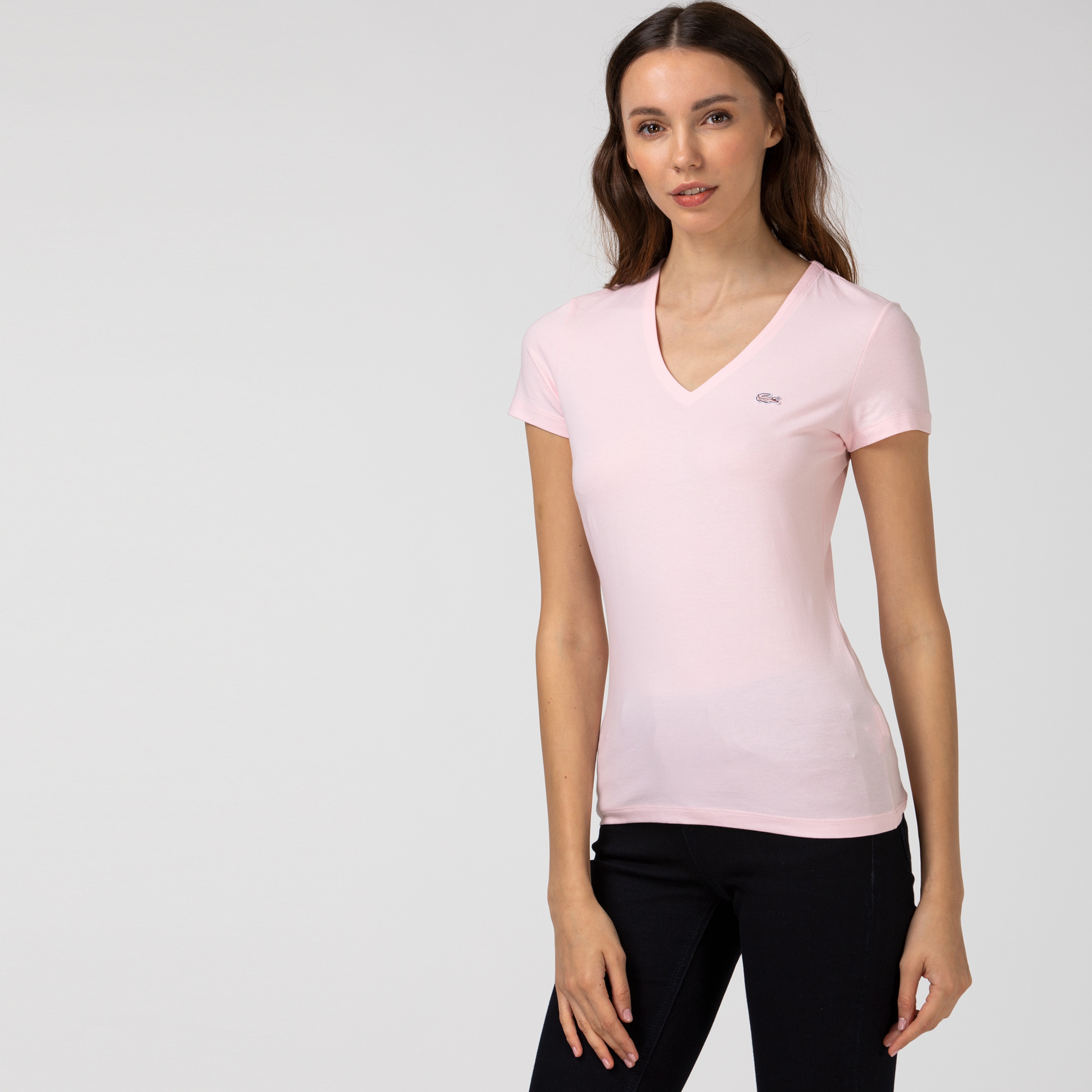 Lacoste Kadın V Yaka Açık Pembe T-Shirt