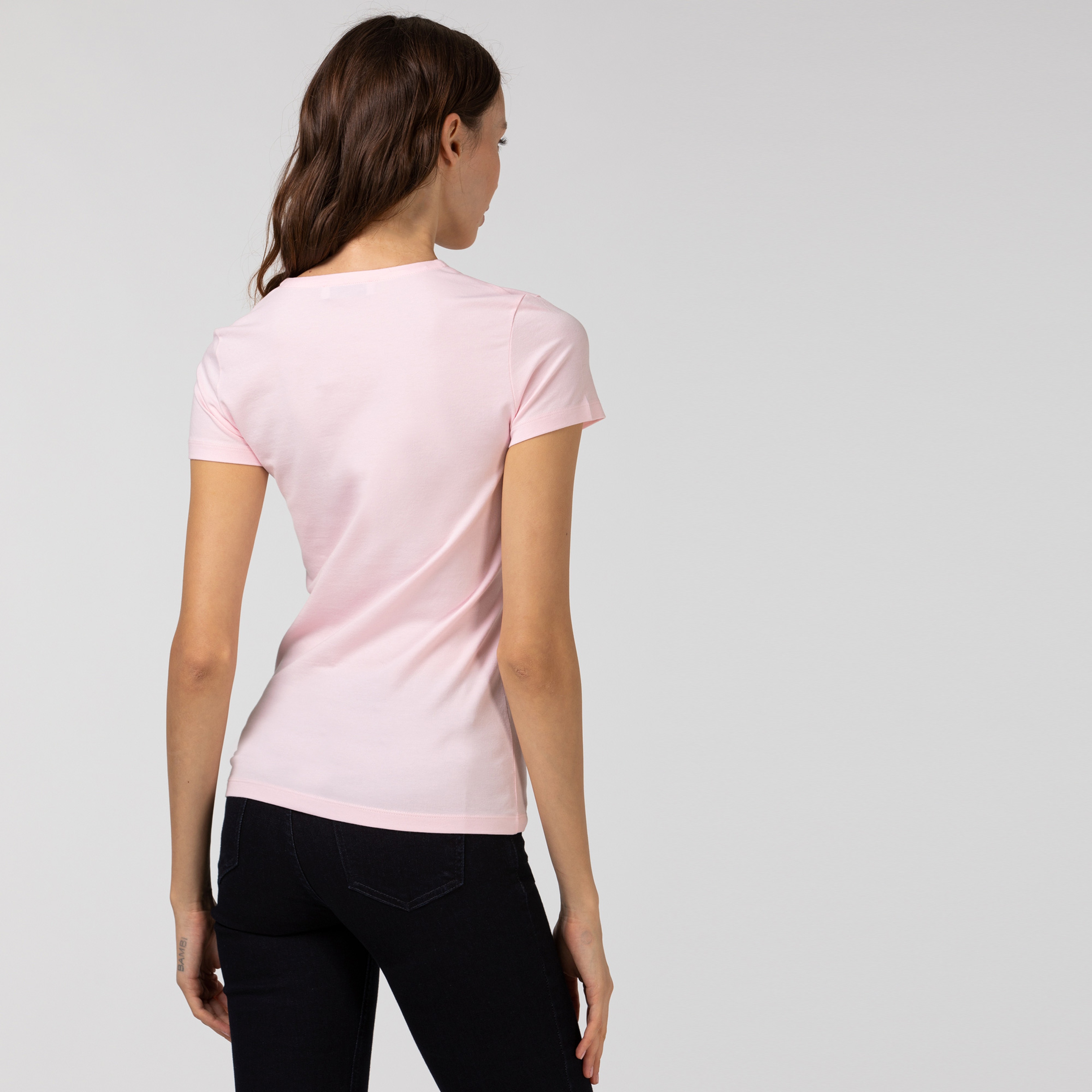 Lacoste Kadın V Yaka Açık Pembe T-Shirt