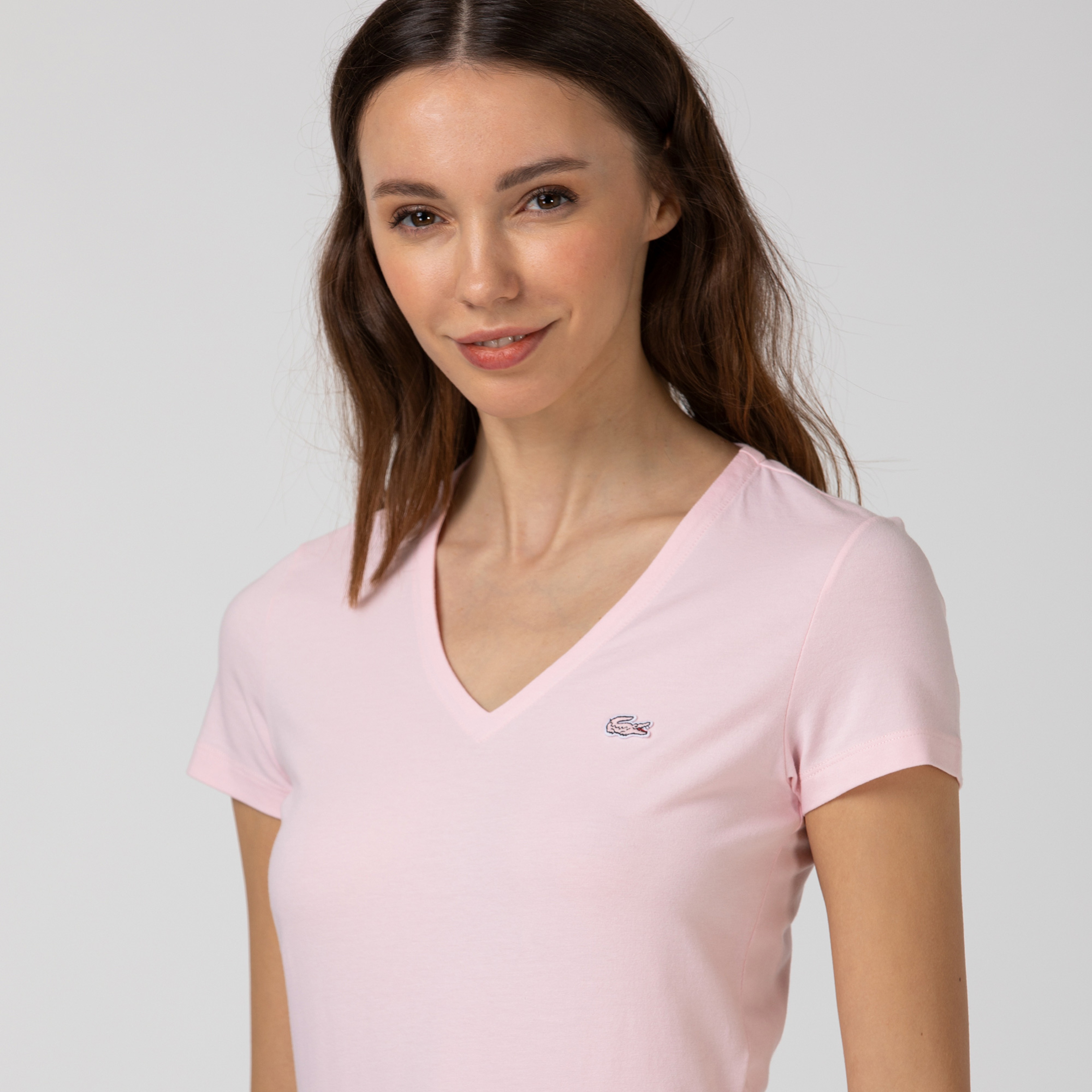 Lacoste Kadın V Yaka Açık Pembe T-Shirt