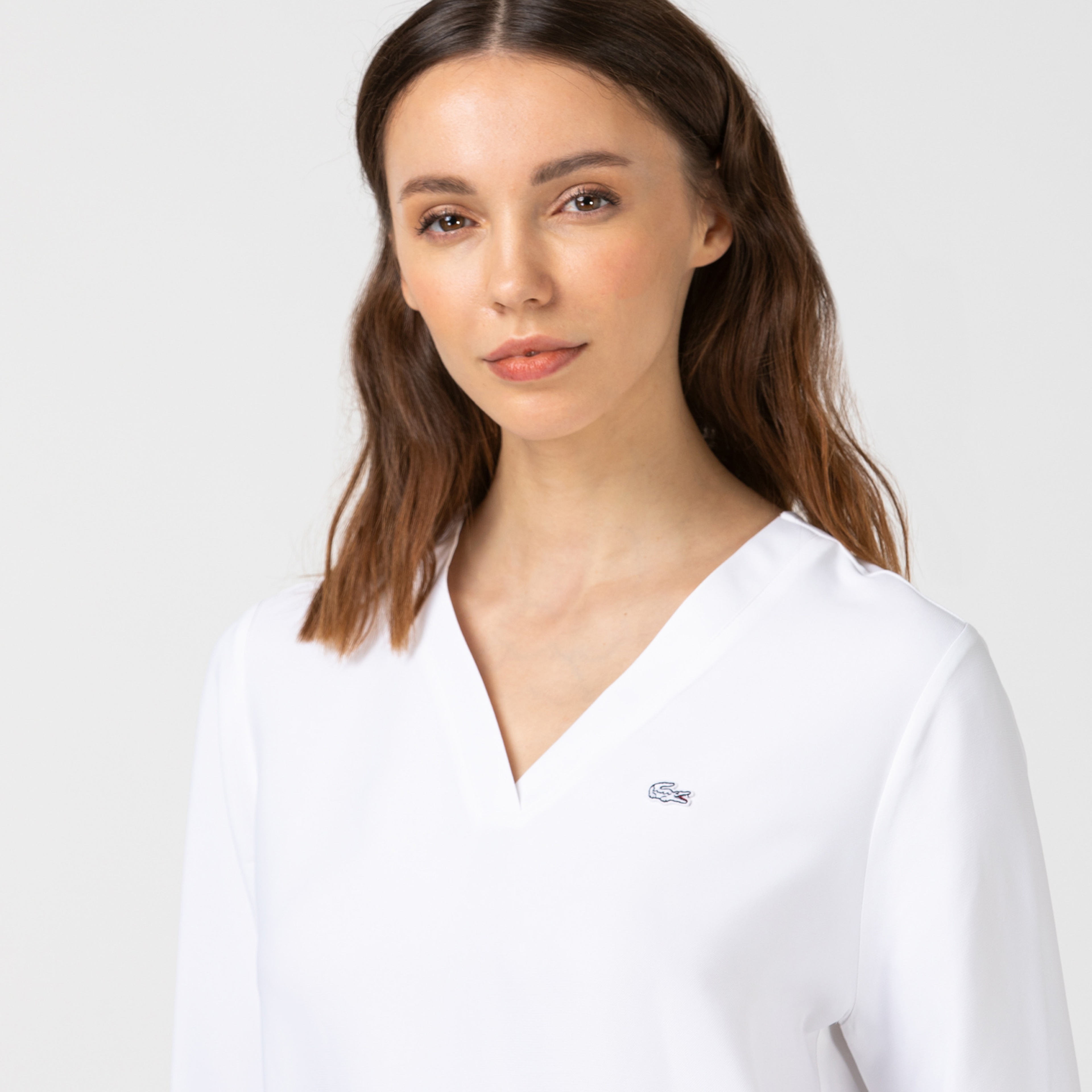Lacoste Kadın V Yaka Uzun Kollu Beyaz Bluz