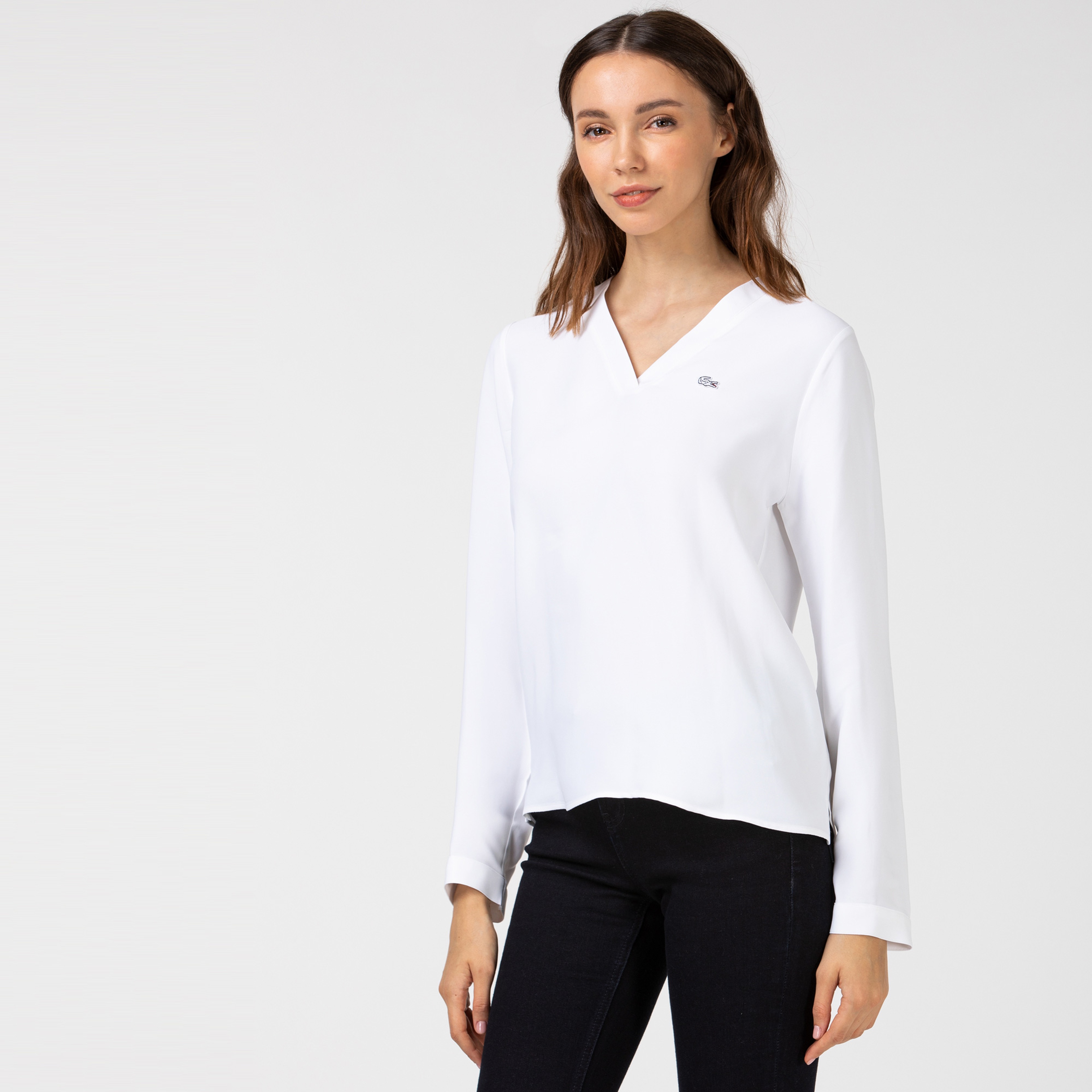 Lacoste Kadın V Yaka Uzun Kollu Beyaz Bluz