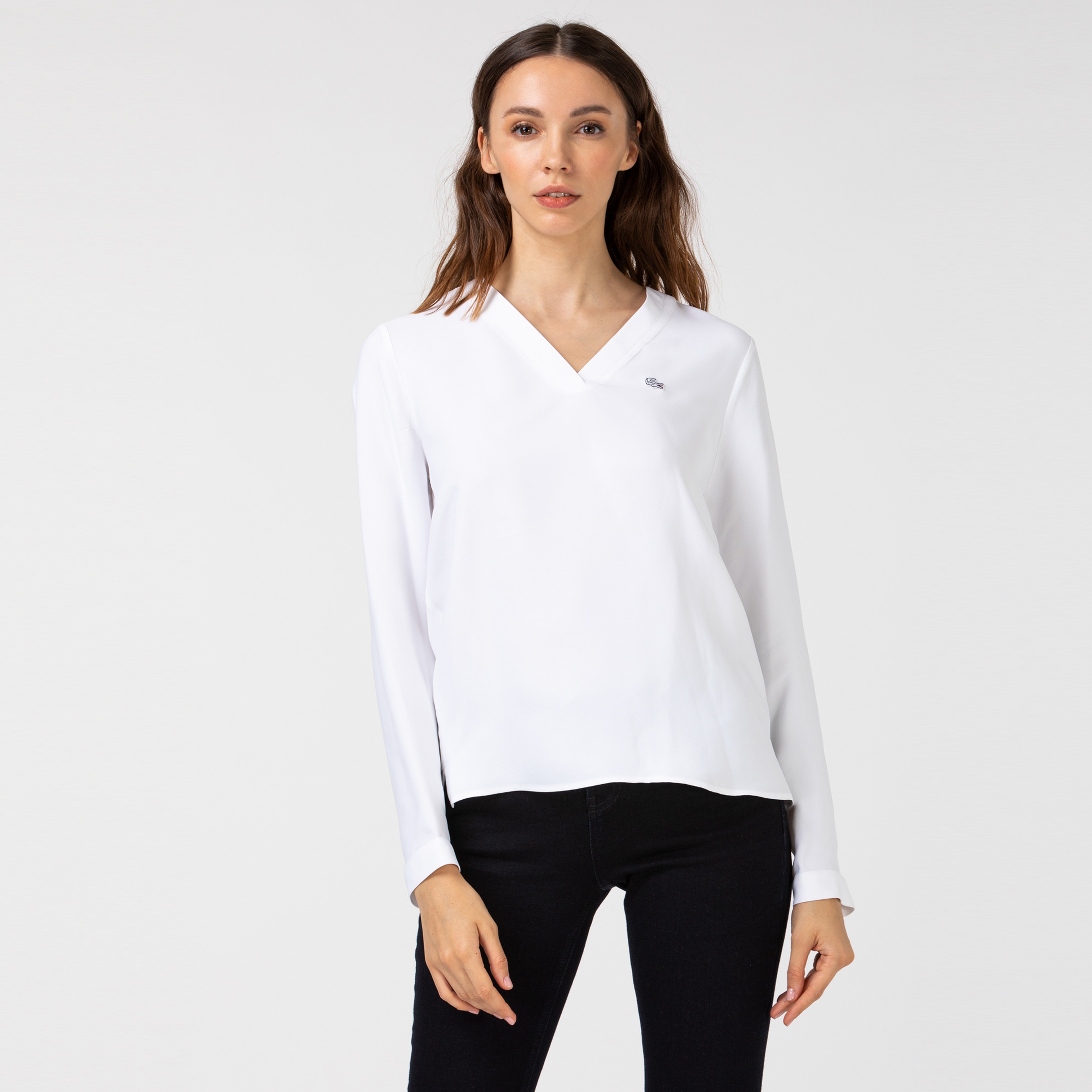 Lacoste Kadın V Yaka Uzun Kollu Beyaz Bluz