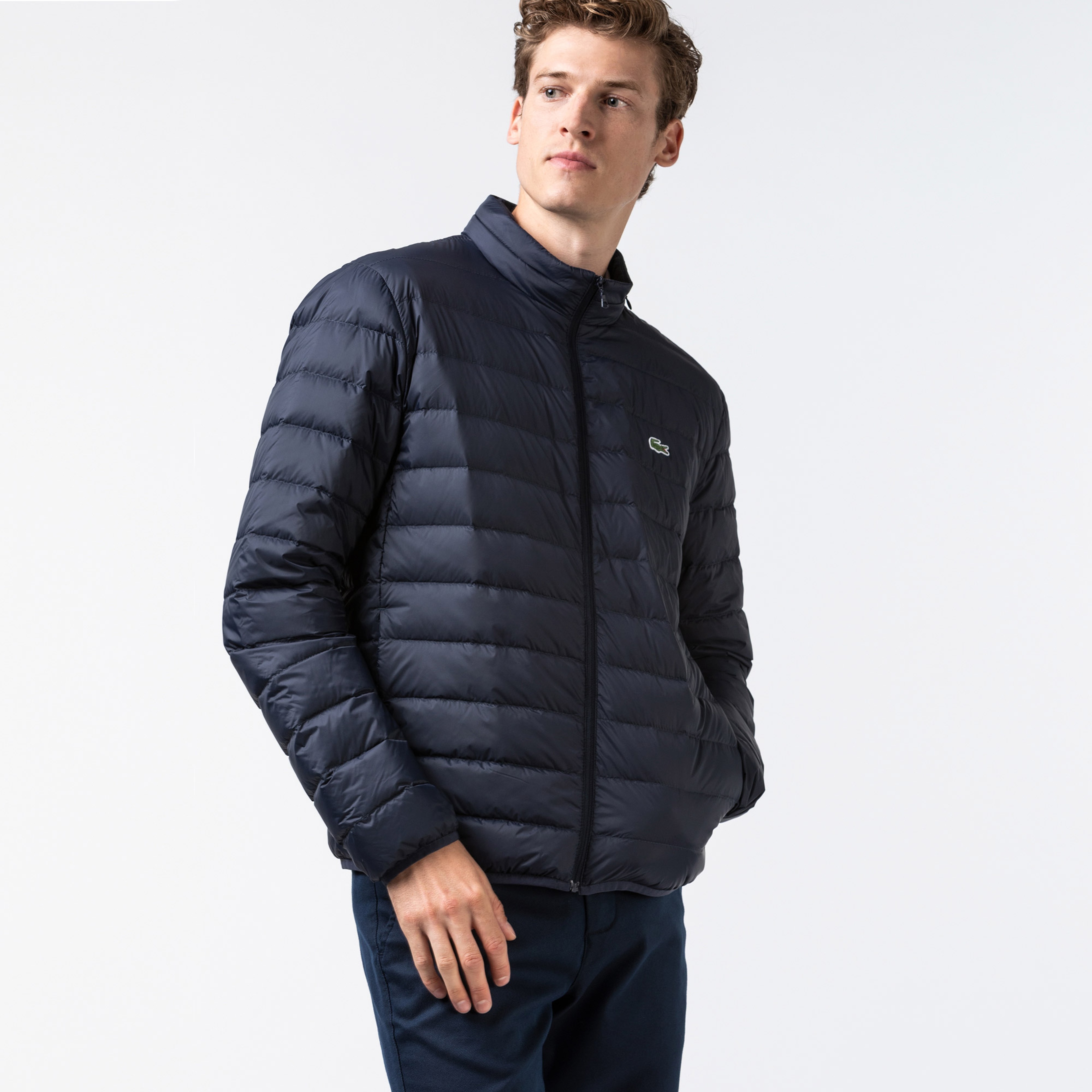 Lacoste Erkek Kapitone Dik Yaka Lacivert Mont