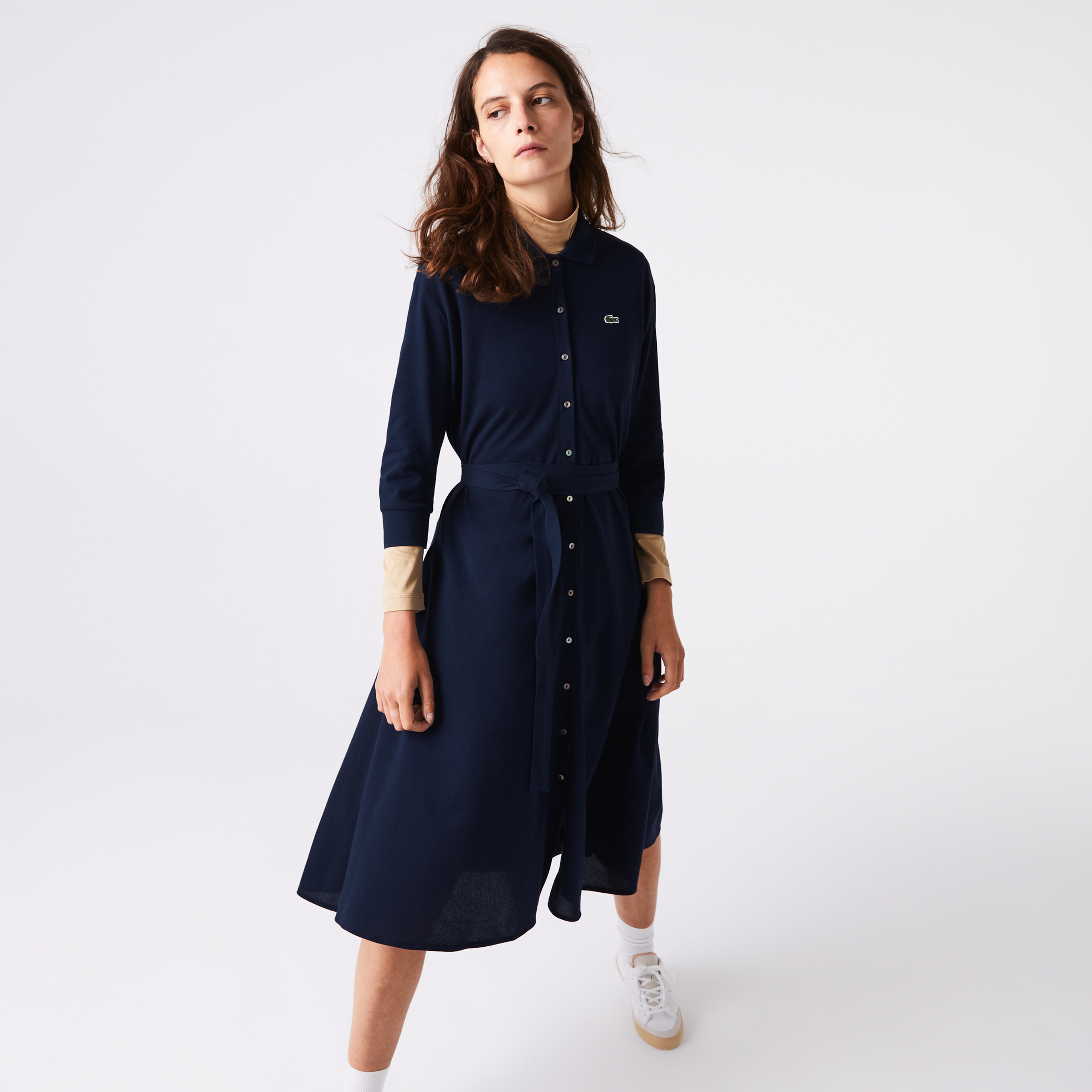 Lacoste Kadın Loose Fit Uzun Kollu Gömlek Yaka Lacivert Elbise