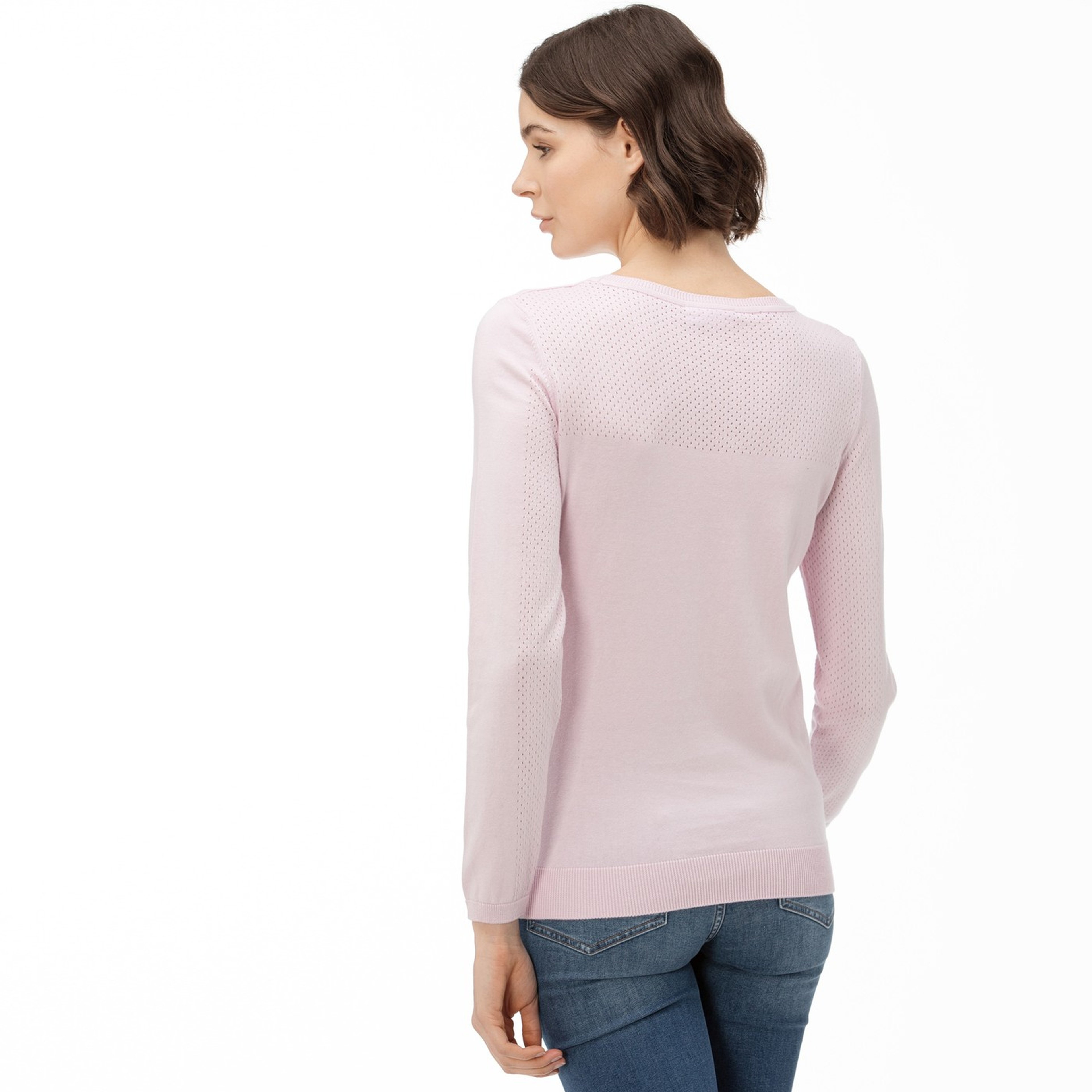 Lacoste Kadın Bisiklet Yaka File Detaylı Pembe Triko Kazak