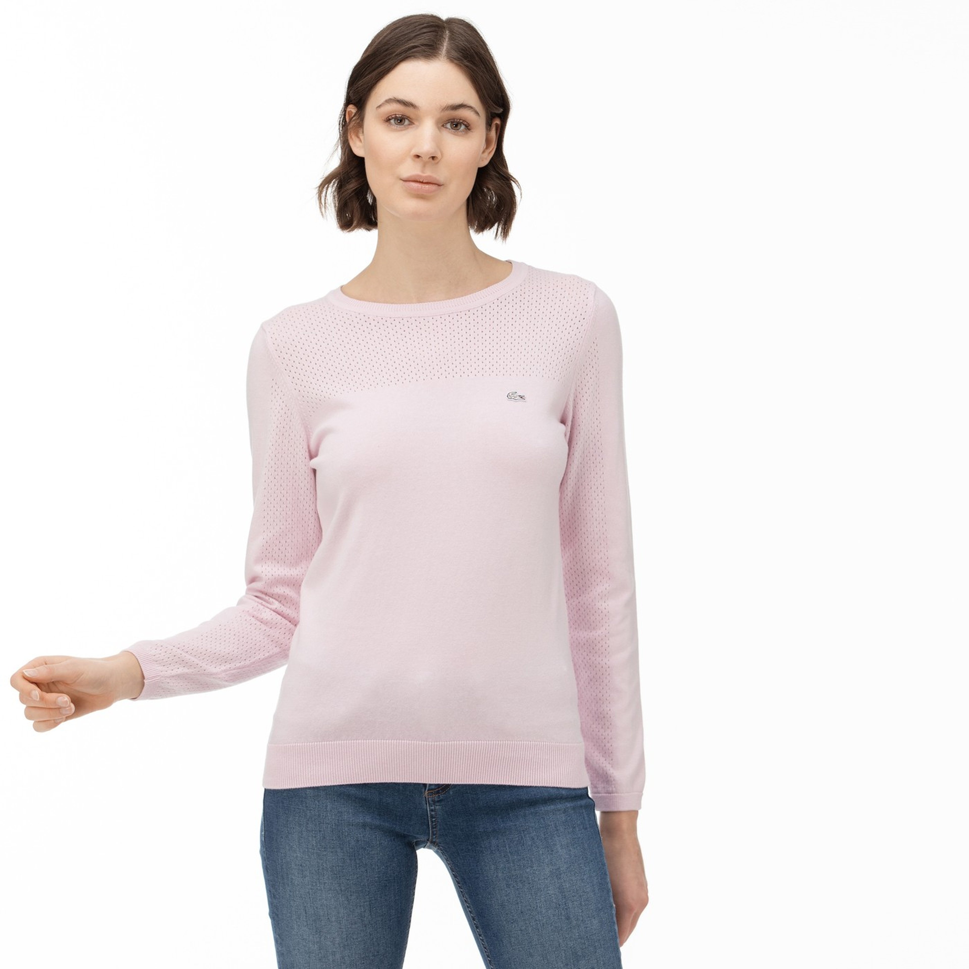 Lacoste Kadın Bisiklet Yaka File Detaylı Pembe Triko Kazak