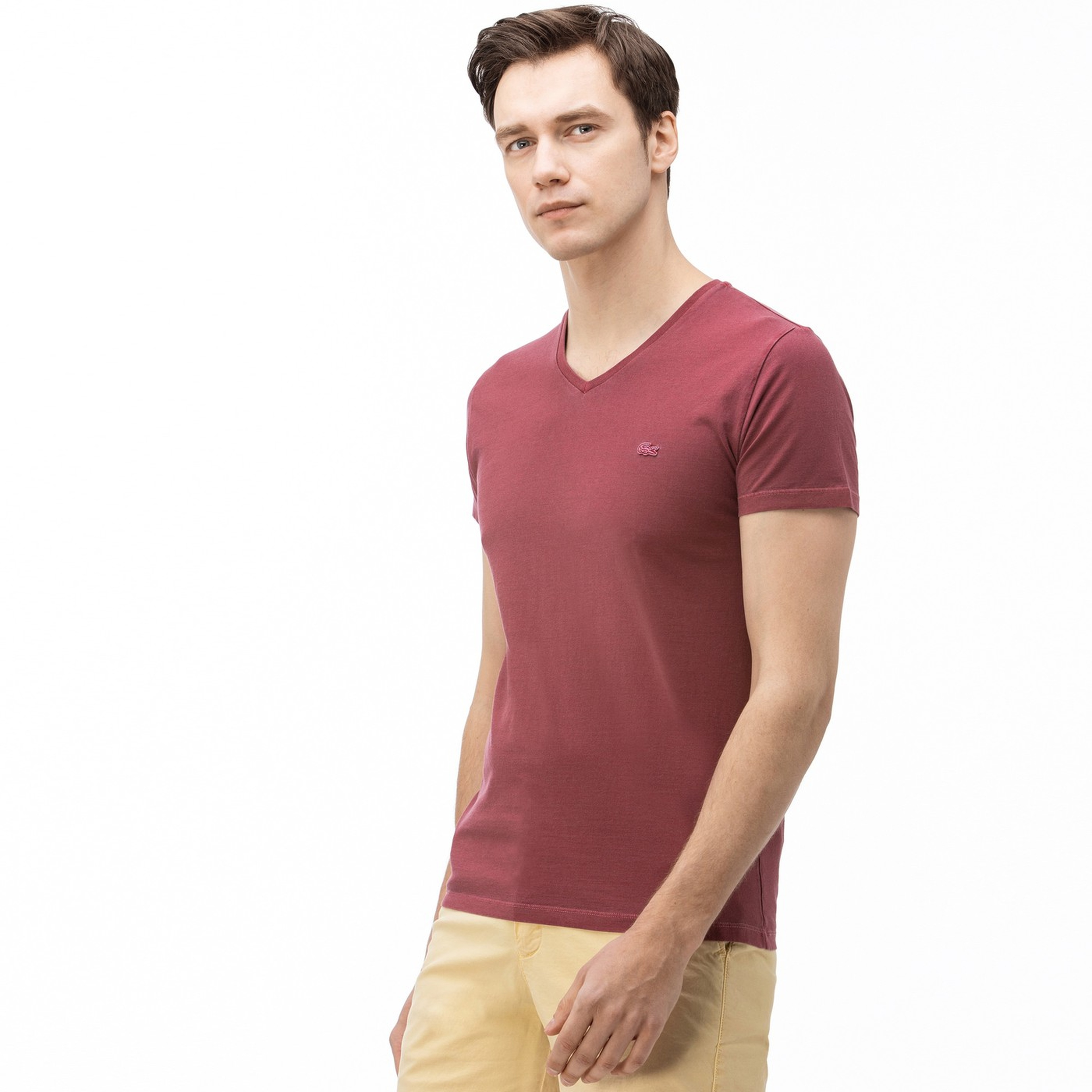 Lacoste Erkek V Yaka Bordo T-Shirt