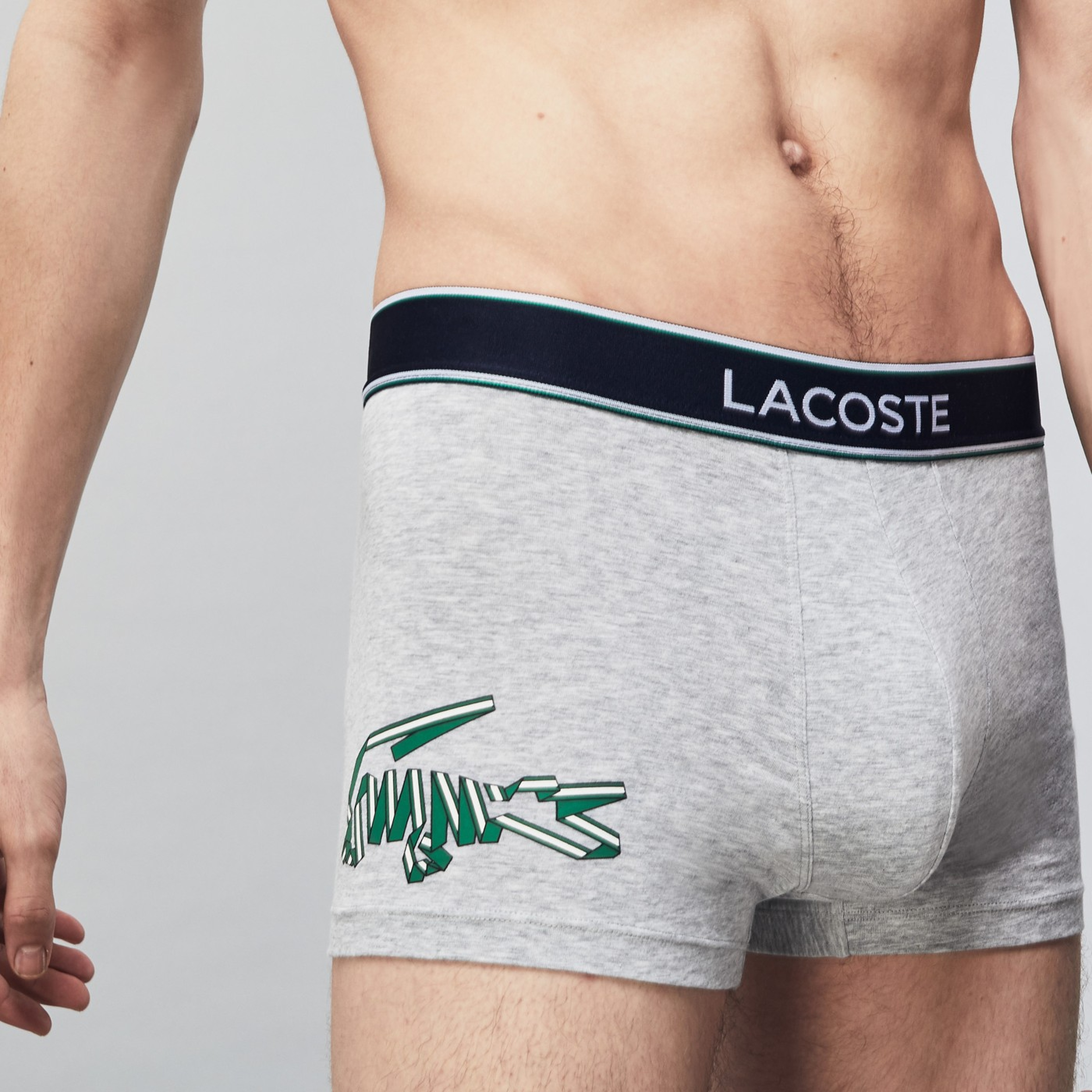 Lacoste Erkek Timsah Baskılı 3'lü Gri - Beyaz - Lacivert Boxer