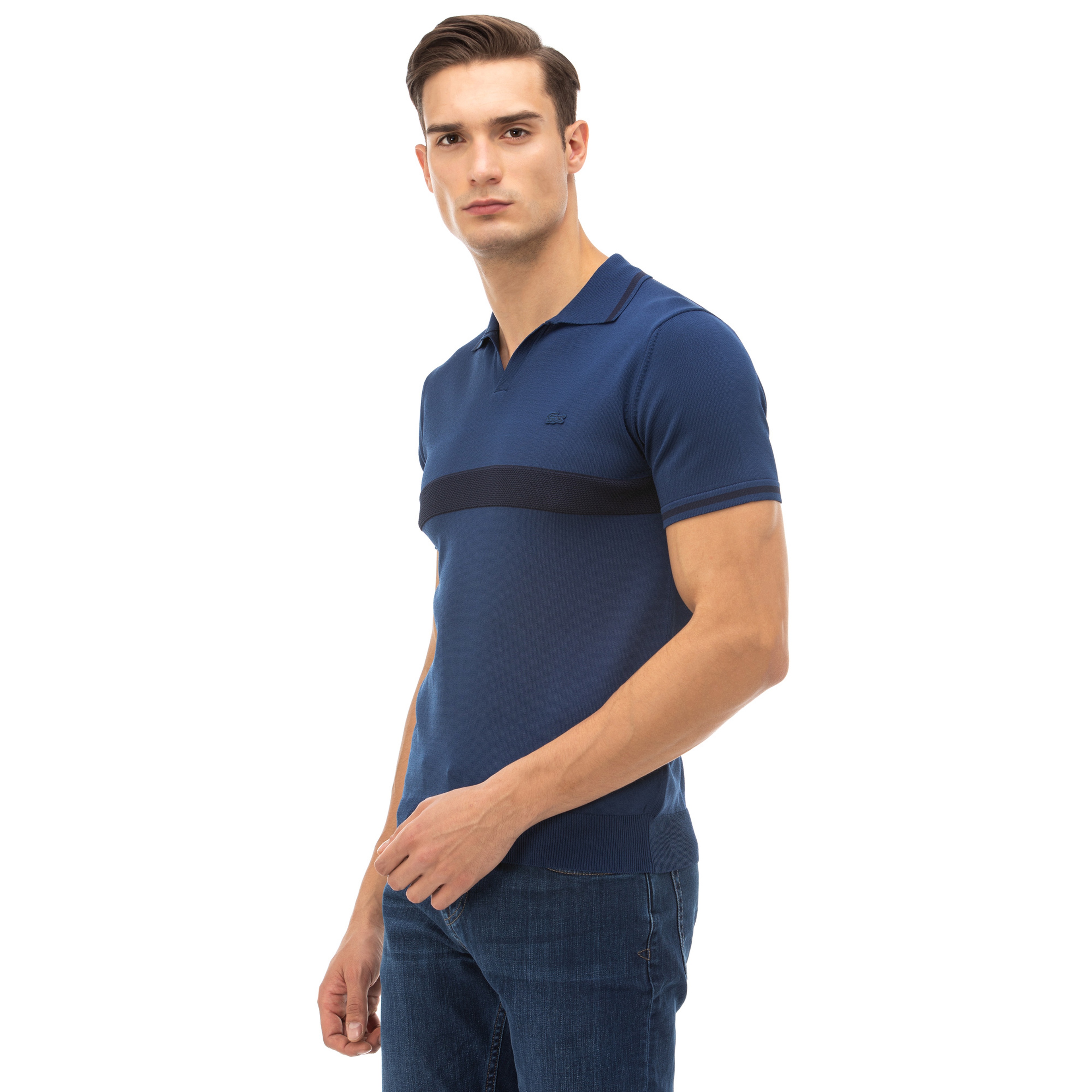 Lacoste Erkek Blok Desenli Kısa Kollu Saks Mavi Triko