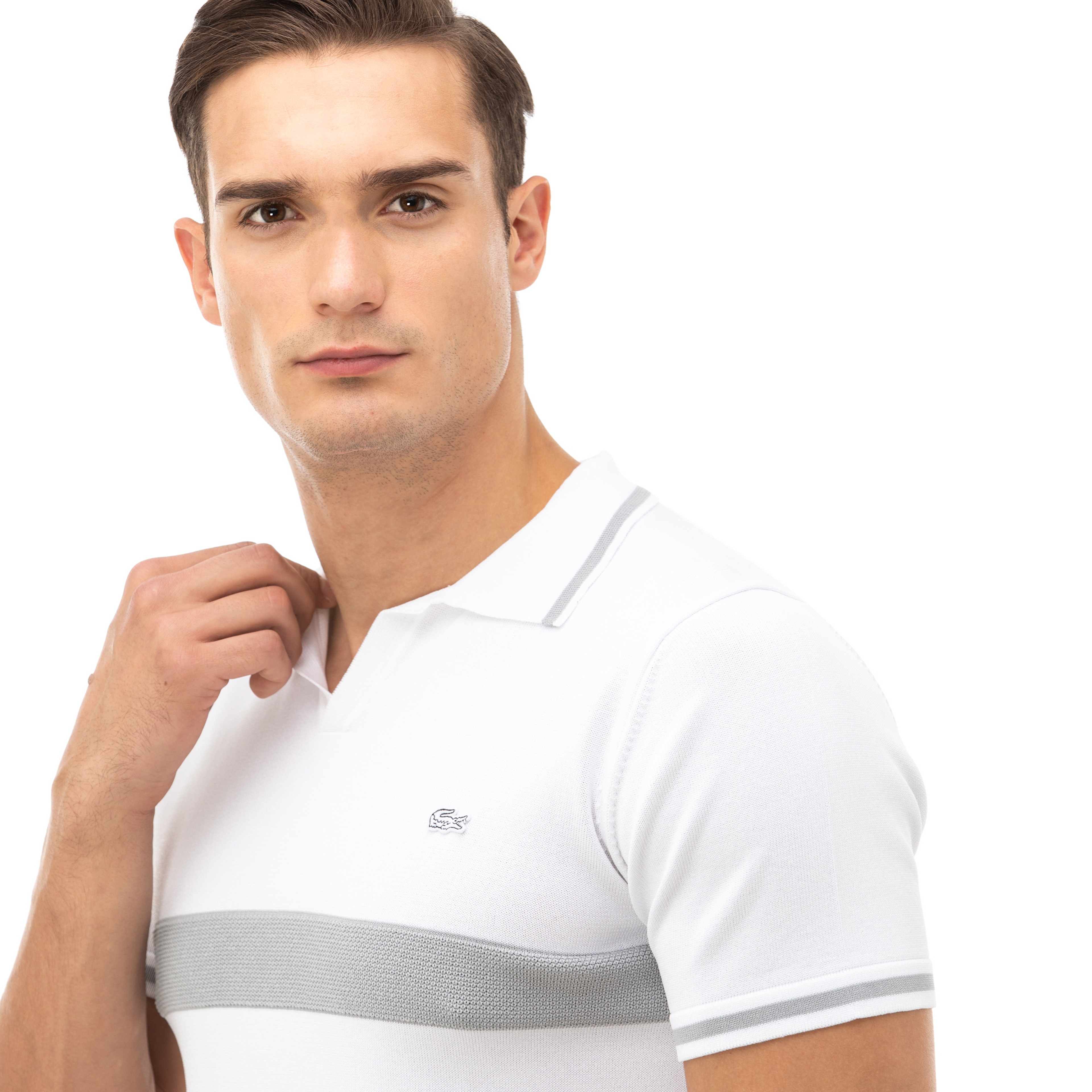 Lacoste Erkek Blok Desenli Kısa Kollu Beyaz Triko