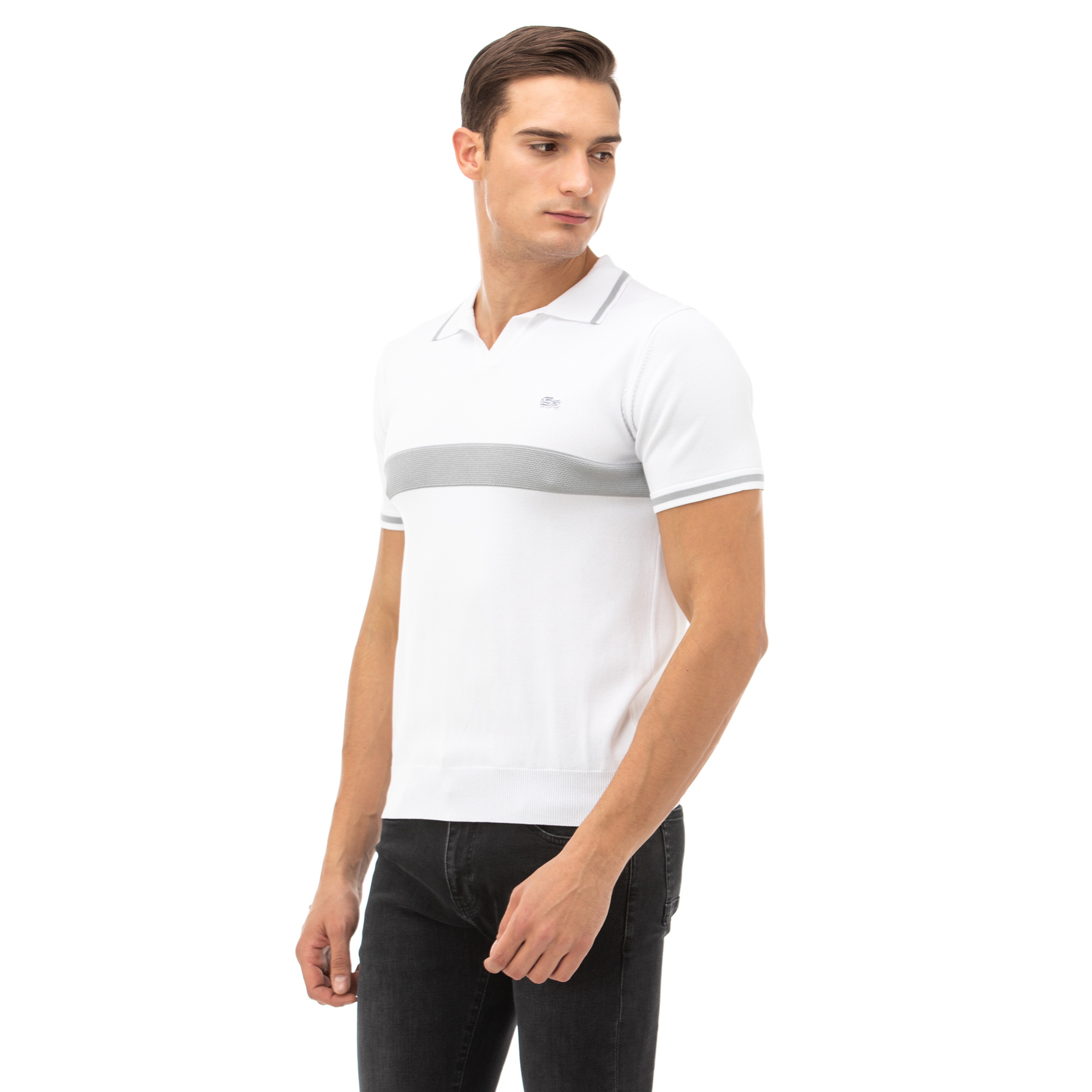 Lacoste Erkek Blok Desenli Kısa Kollu Beyaz Triko