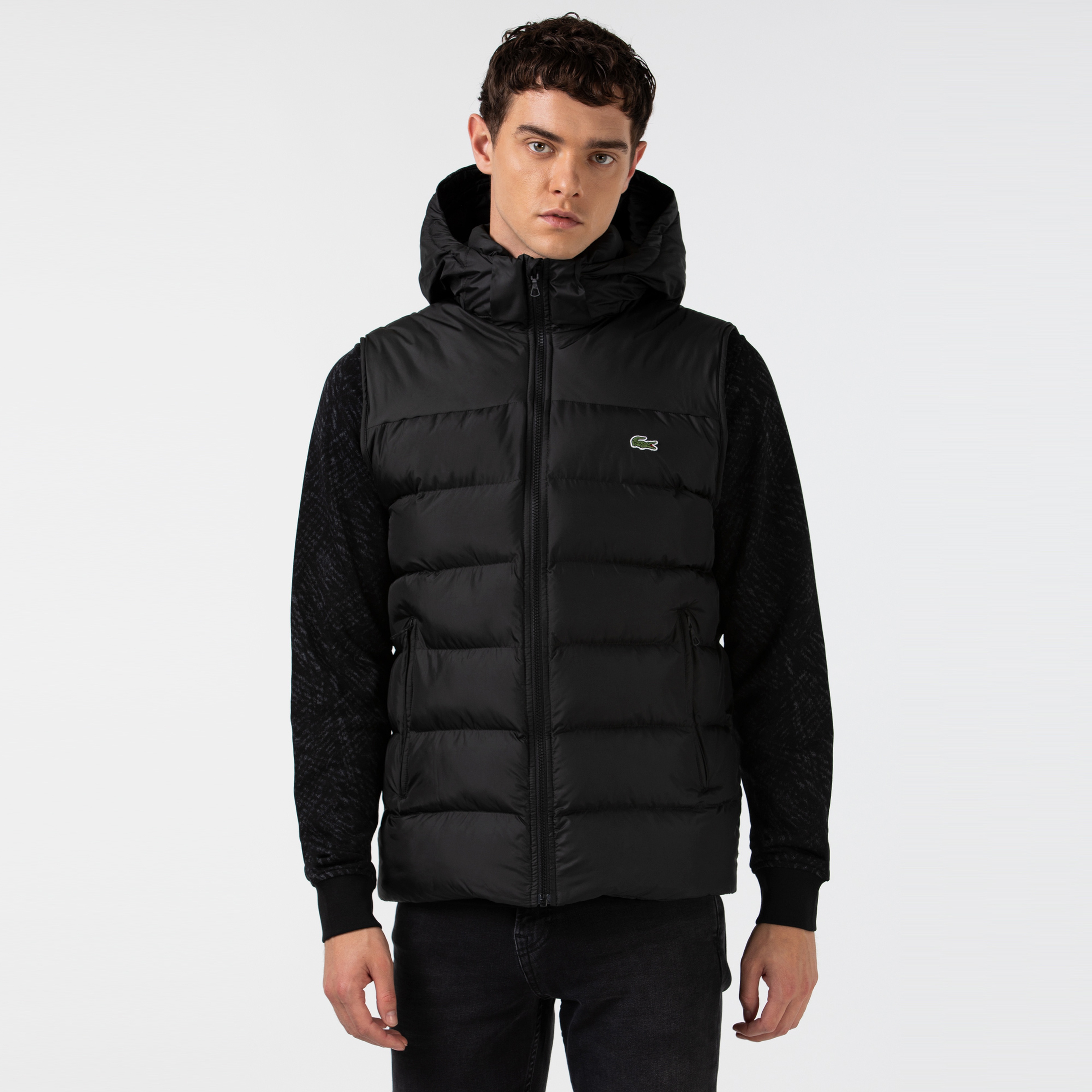 Lacoste Erkek Kapitone Kapüşonlu Kolsuz Siyah Yelek Mont