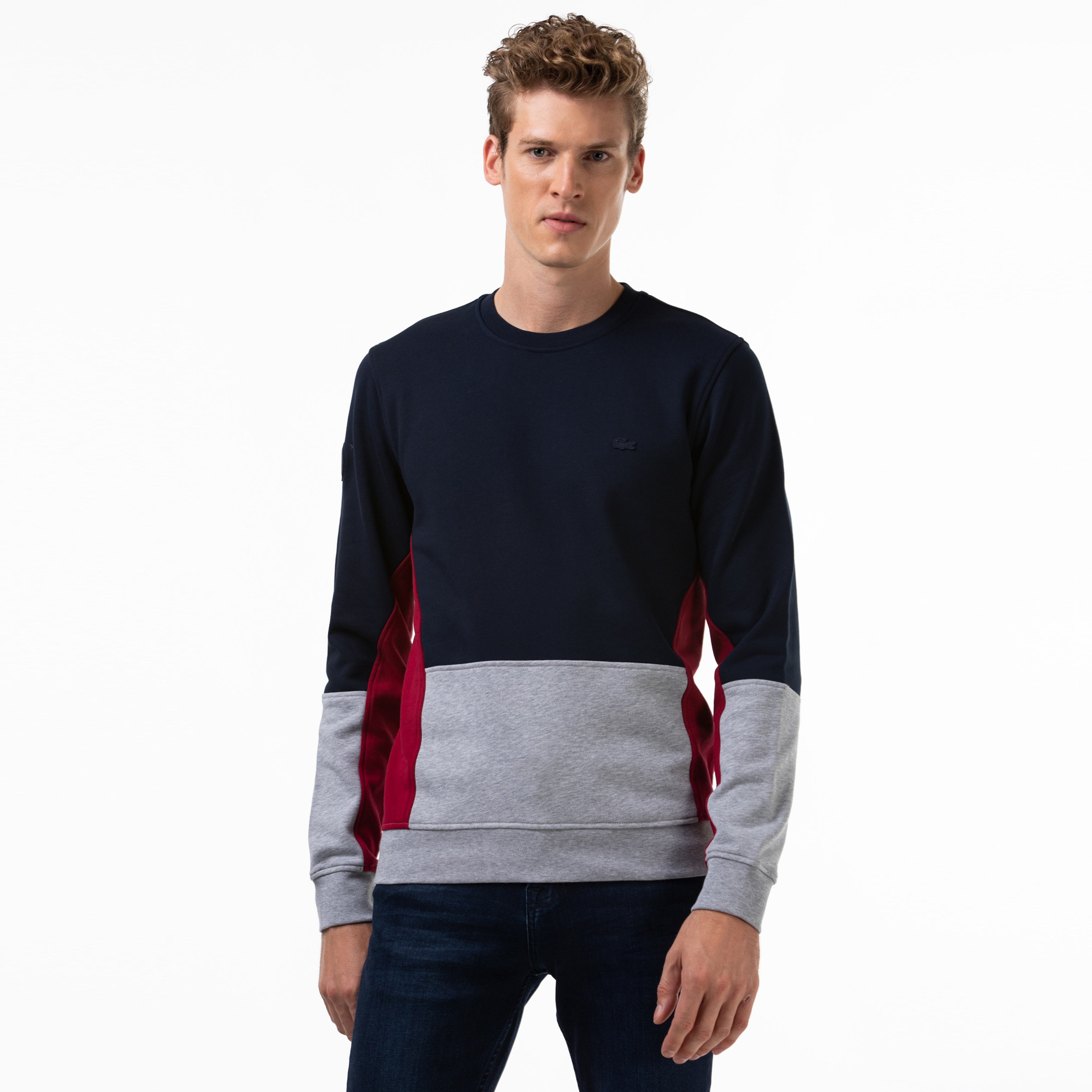 Lacoste Erkek Blok Desenli Bisiklet Yaka Lacivert Sweatshirt