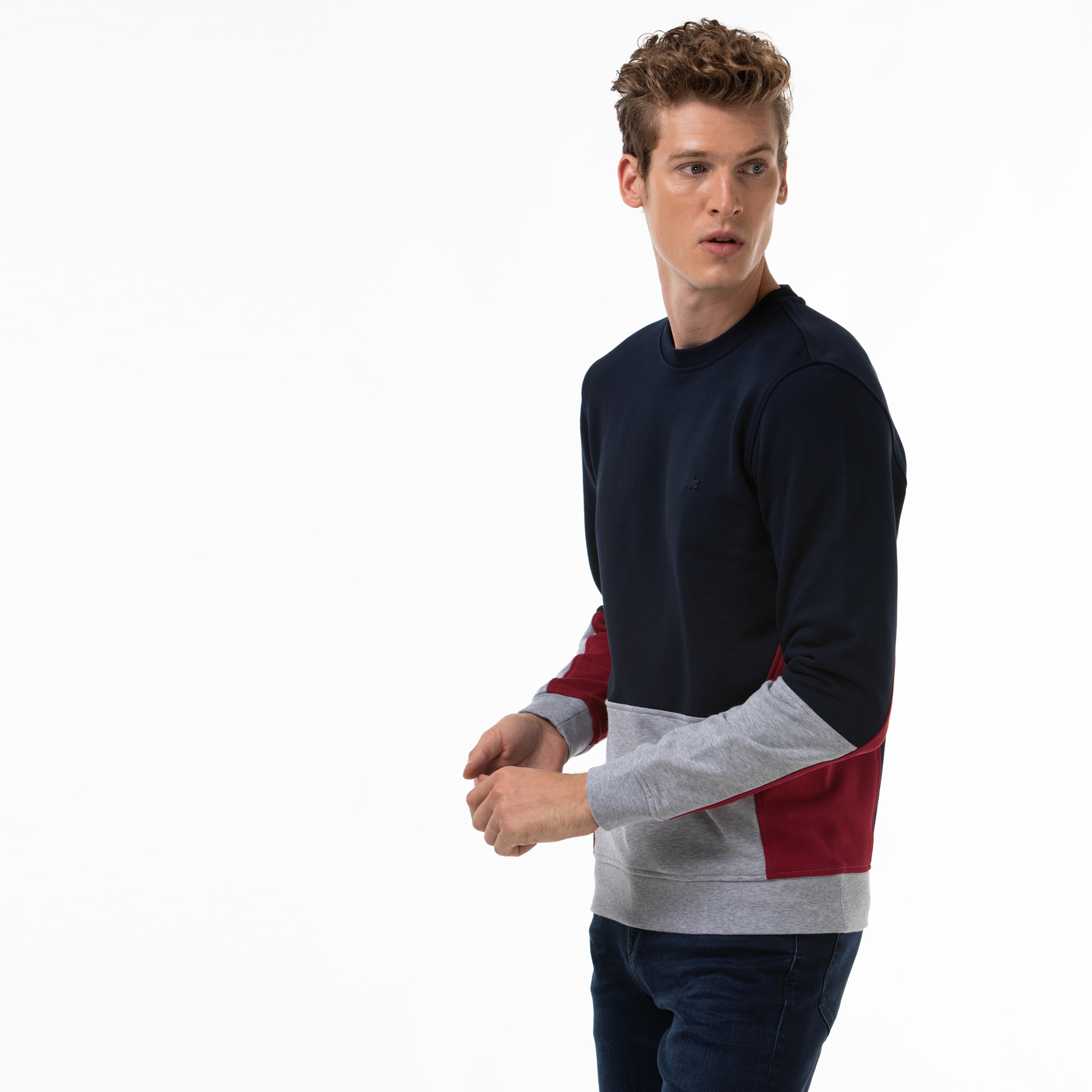 Lacoste Erkek Blok Desenli Bisiklet Yaka Lacivert Sweatshirt