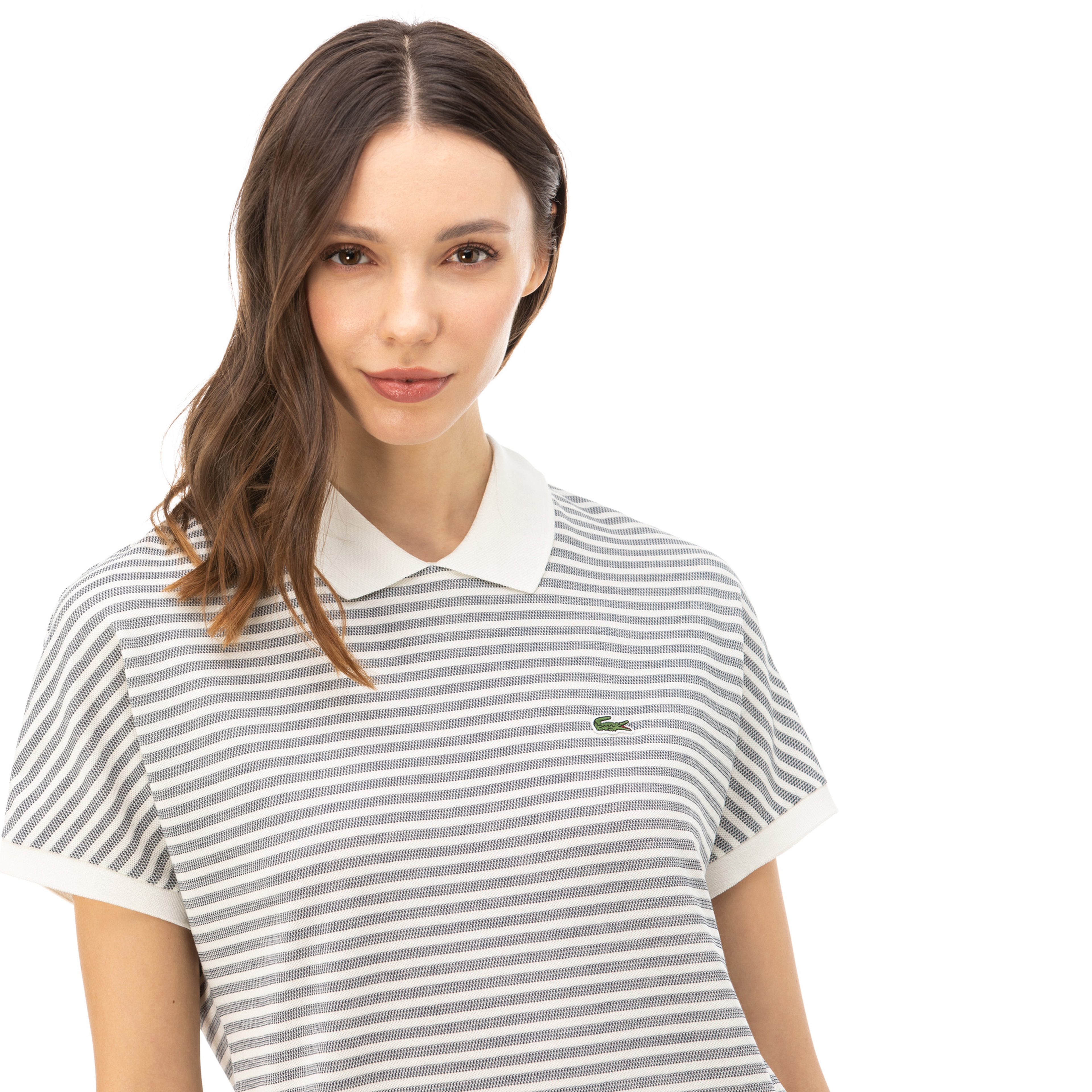 Lacoste Kadın Bebe Yaka Çizgili Kısa Kollu Lacivert - Beyaz Elbise