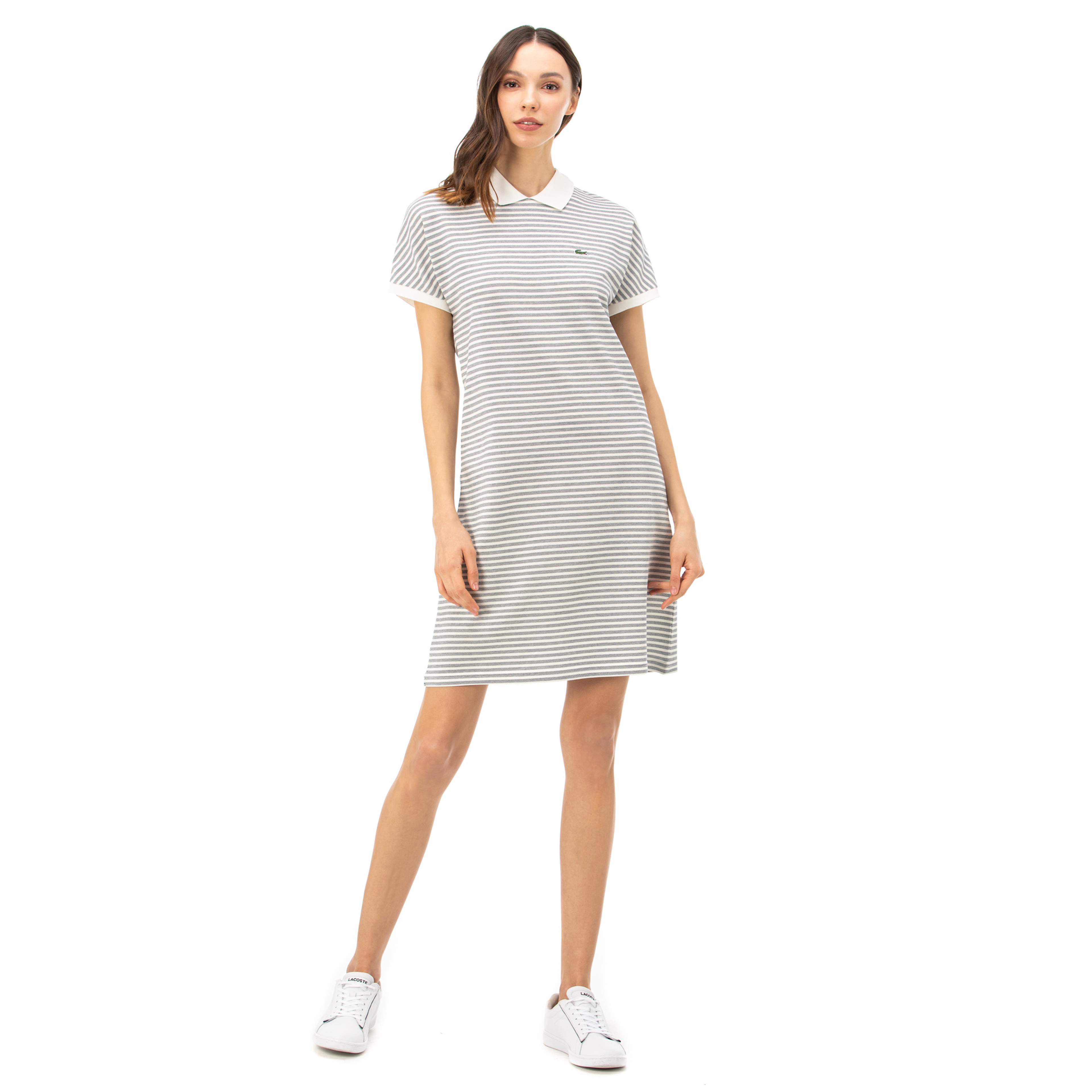 Lacoste Kadın Bebe Yaka Çizgili Kısa Kollu Lacivert - Beyaz Elbise