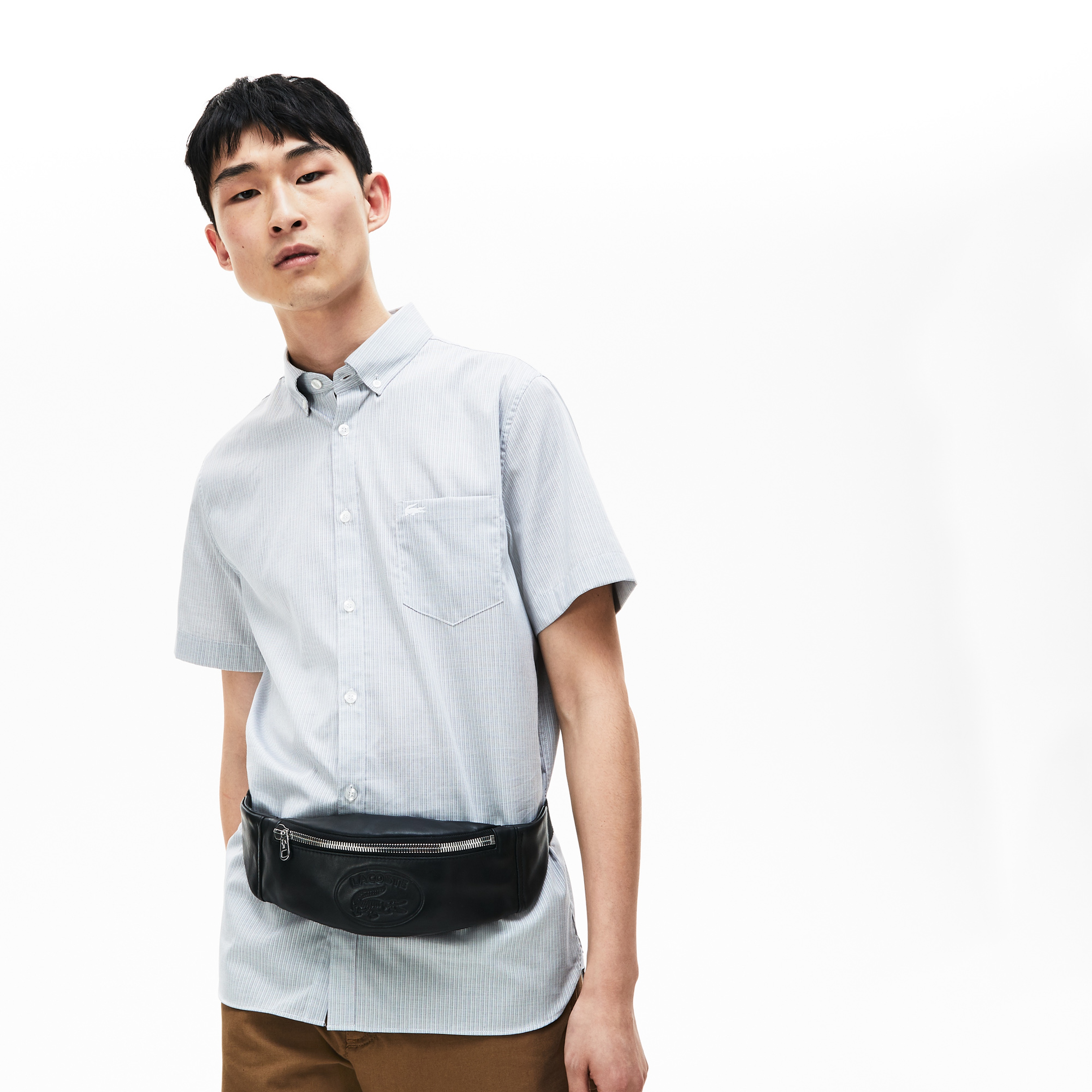 Lacoste Erkek L.12.12 Cuır Casual Deri Timsah Baskılı Siyah Bel Çantası