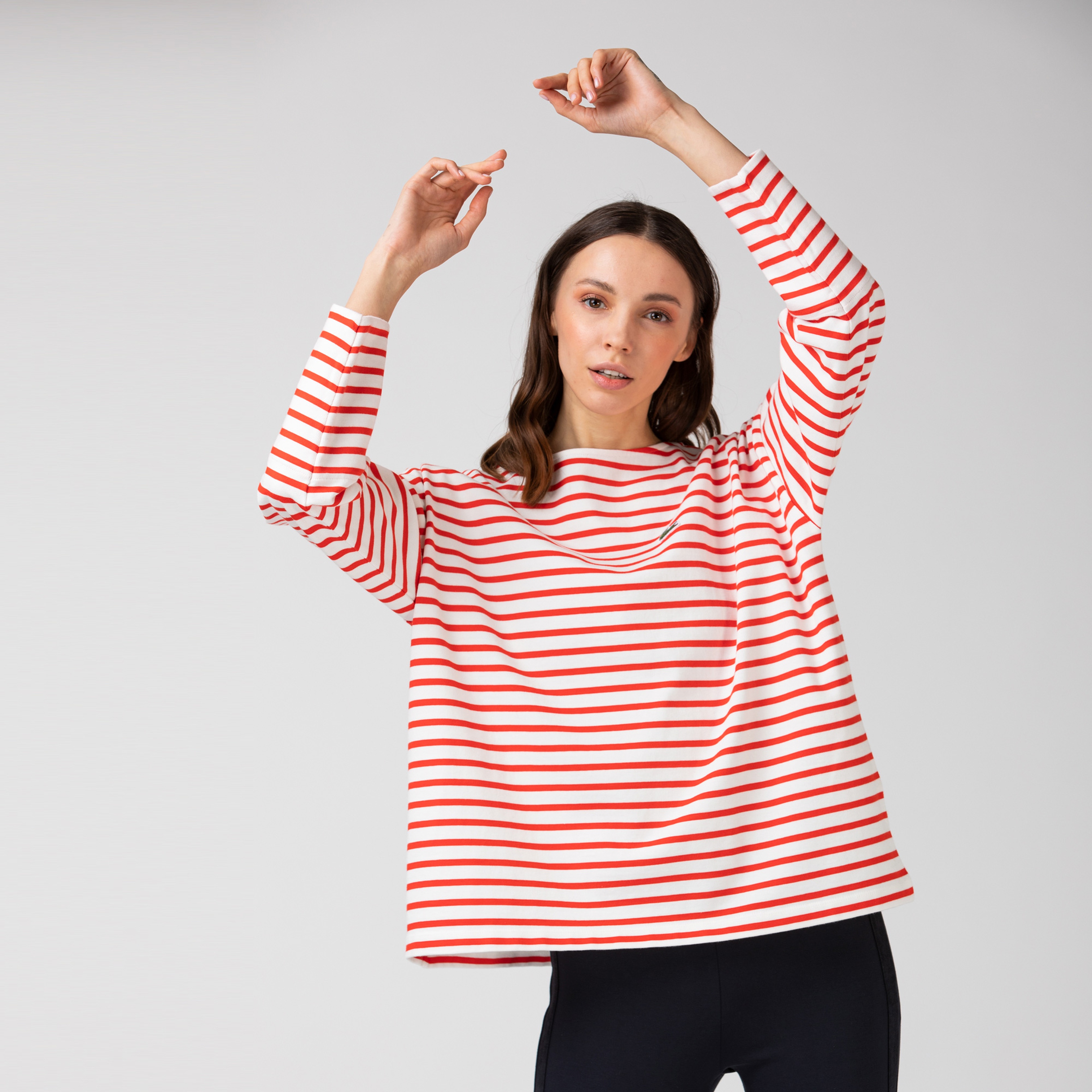 Lacoste Kadın Kayık Yaka Çizgili Uzun Kollu Kırmızı - Beyaz T-Shirt