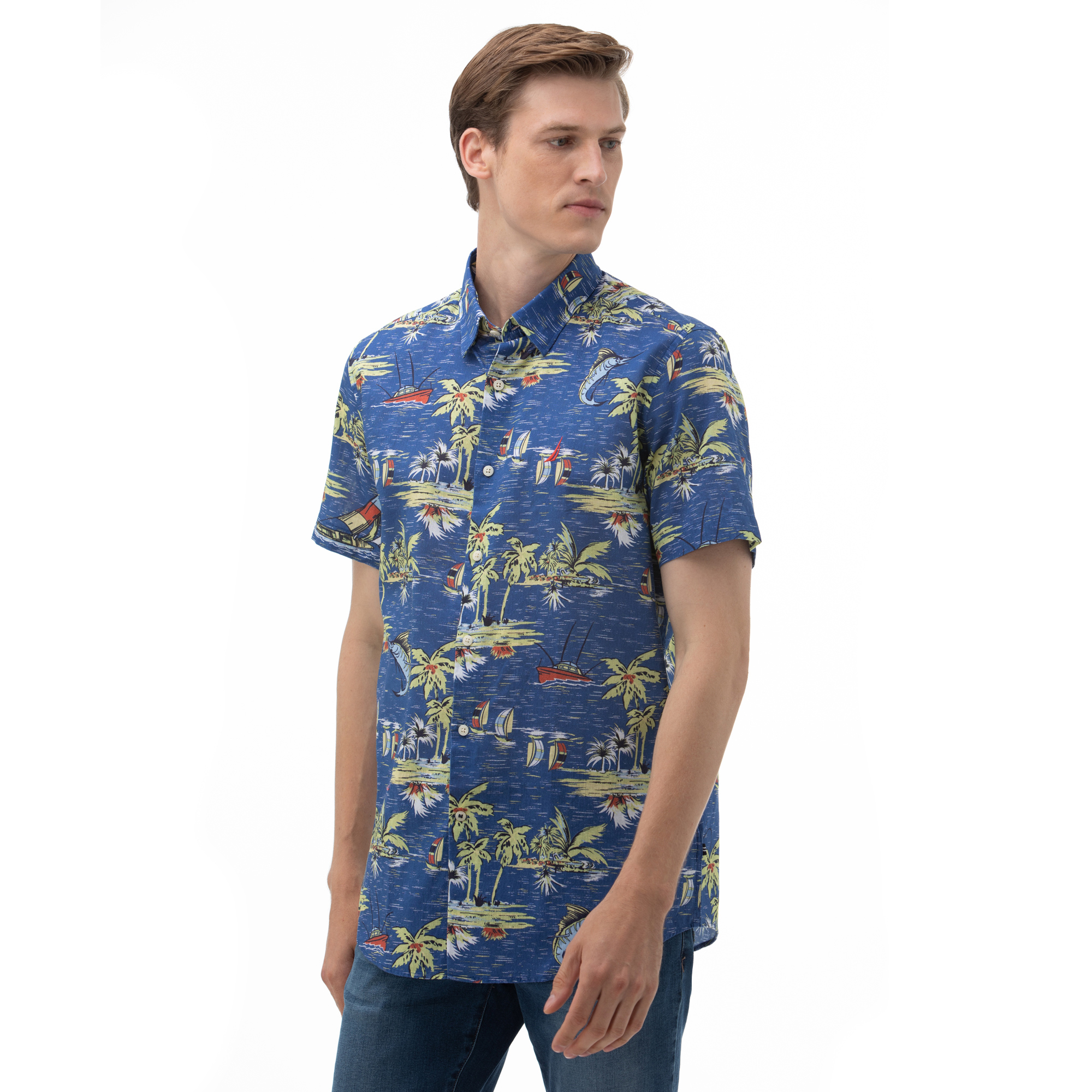 NAUTICA Erkek Classic Fit Mavi Kısa Kollu Gömlek