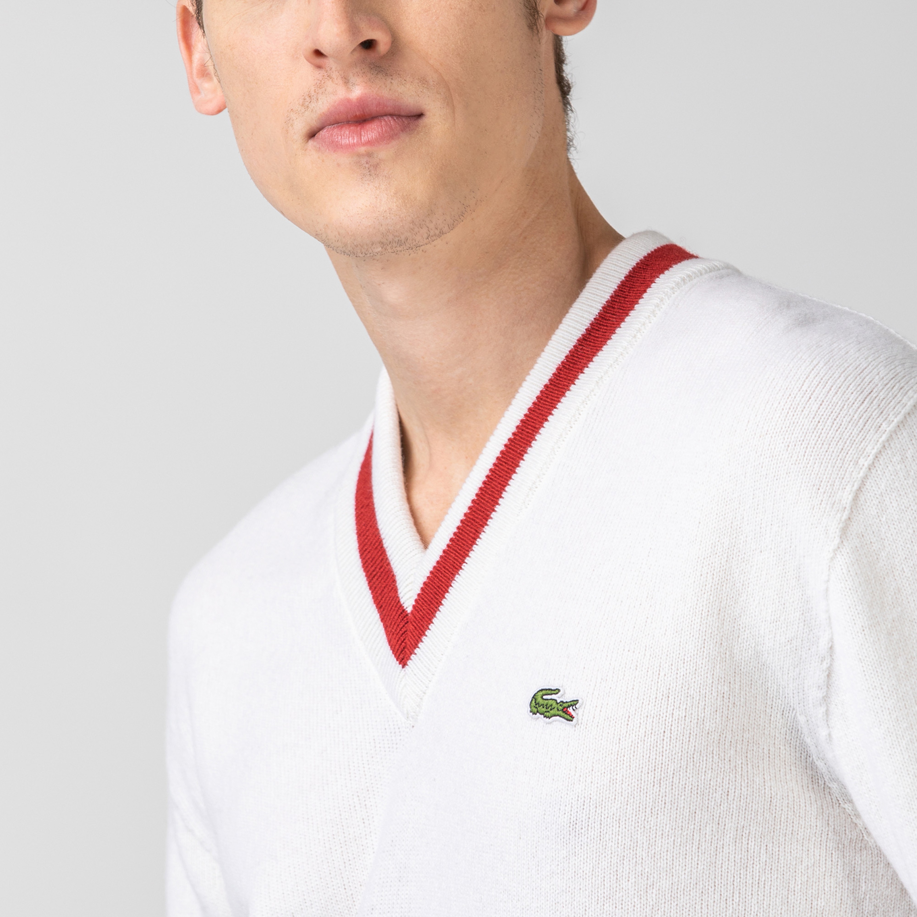 Lacoste Erkek Yün Blok Desenli V Yaka Lacivert - Ekru Triko Kazak