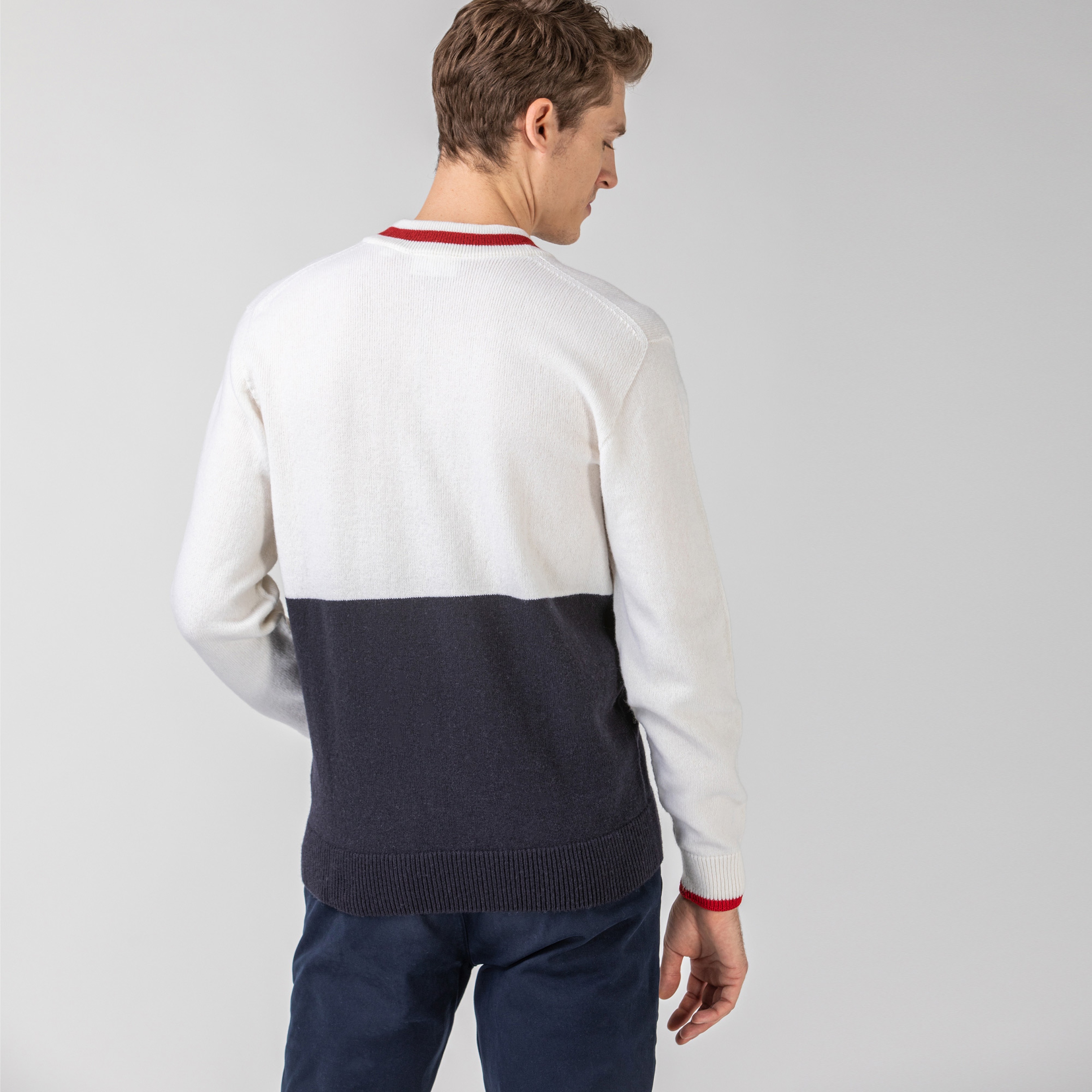 Lacoste Erkek Yün Blok Desenli V Yaka Lacivert - Ekru Triko Kazak