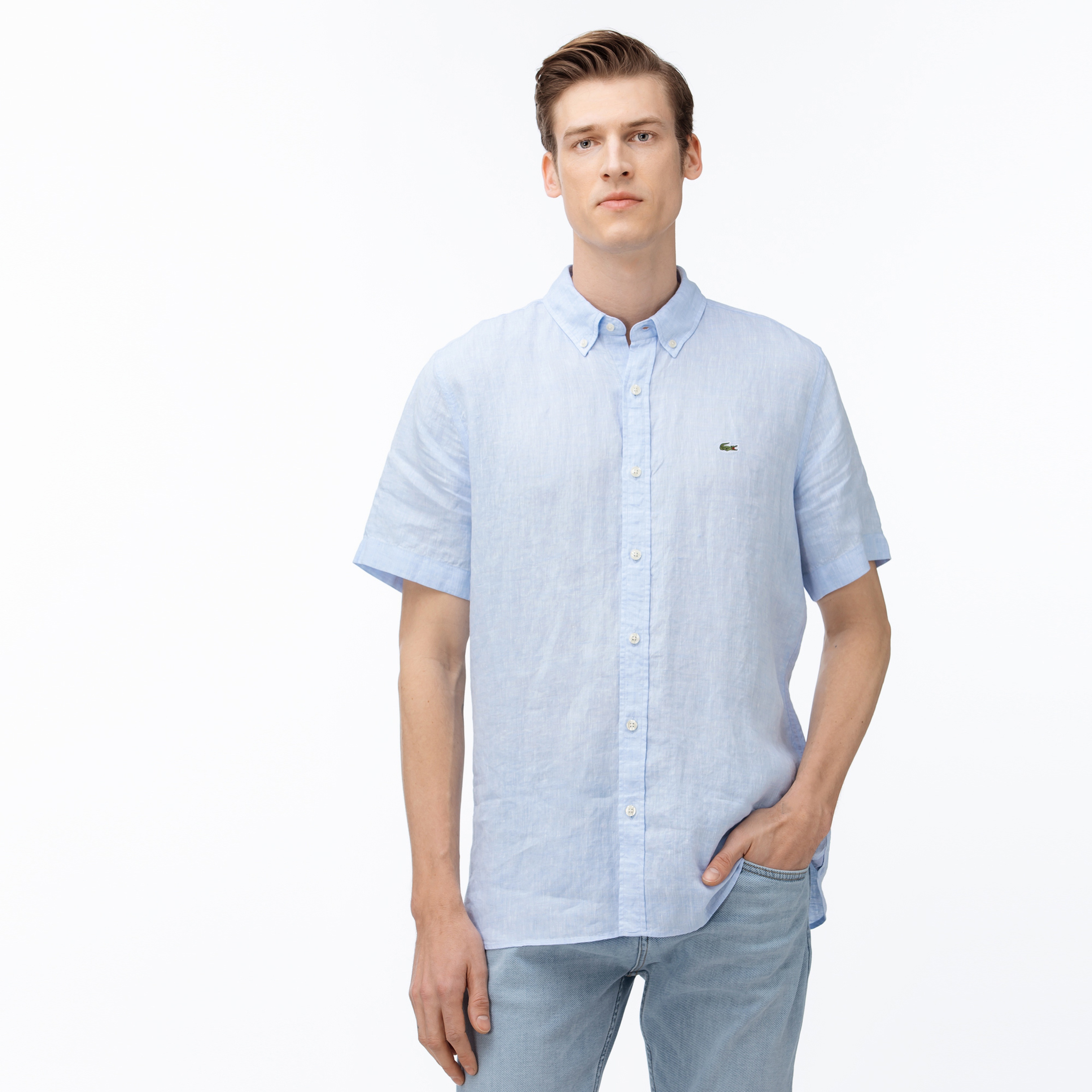 Lacoste Erkek Regular Fit Keten Kısa Kollu Açık Mavi Gömlek