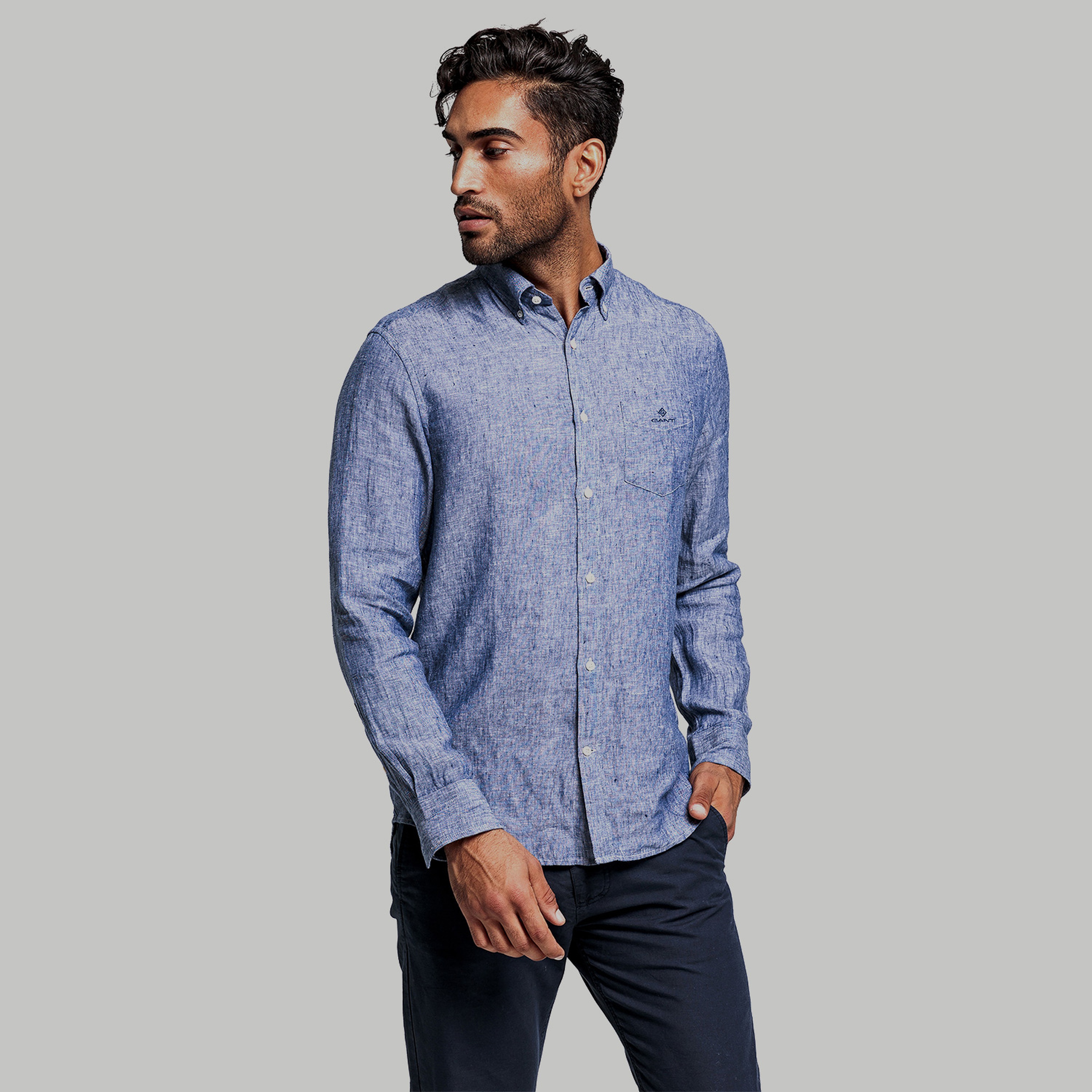 Gant Erkek Lacivert Regular Fit Düğmeli Yaka Keten Gömlek