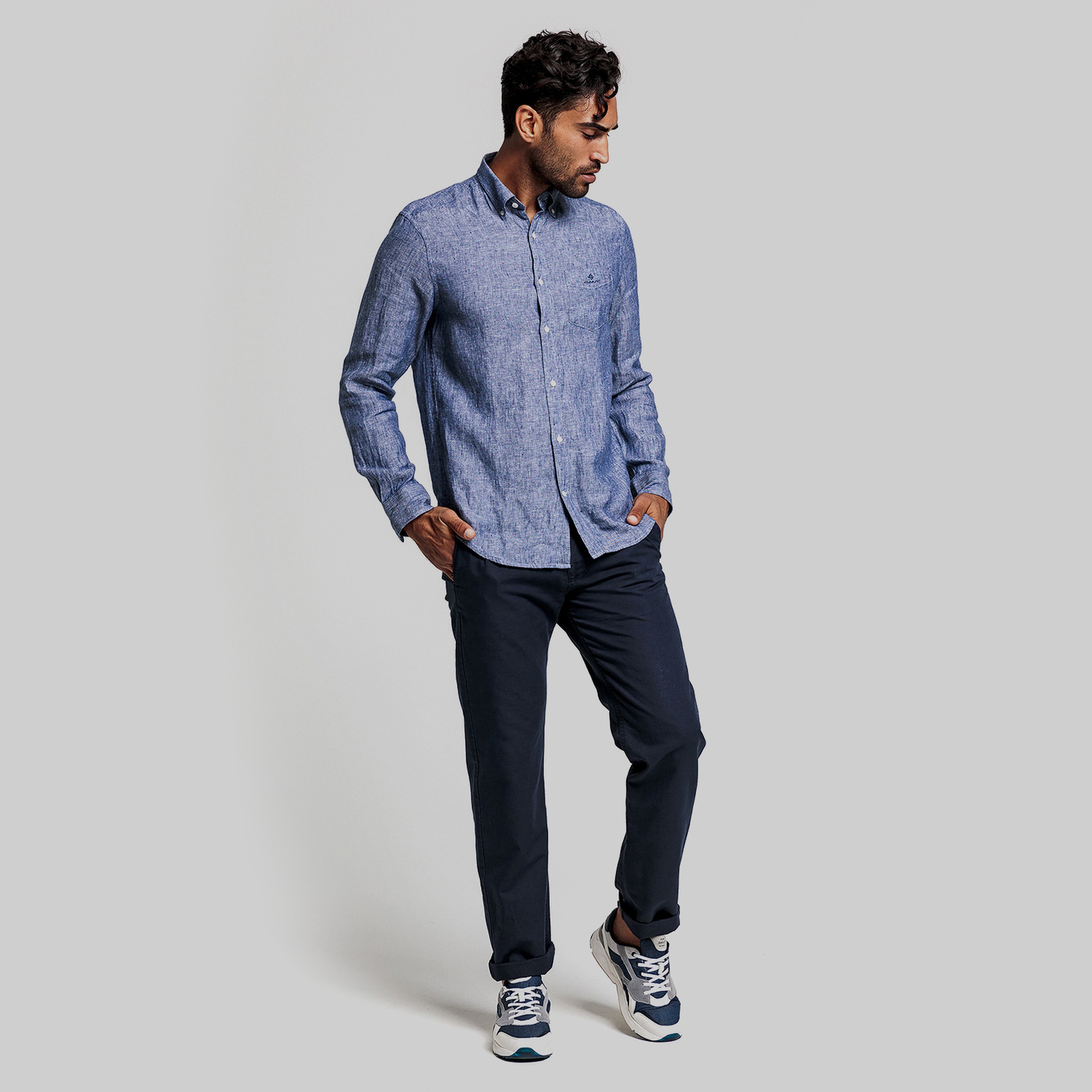 Gant Erkek Lacivert Regular Fit Düğmeli Yaka Keten Gömlek