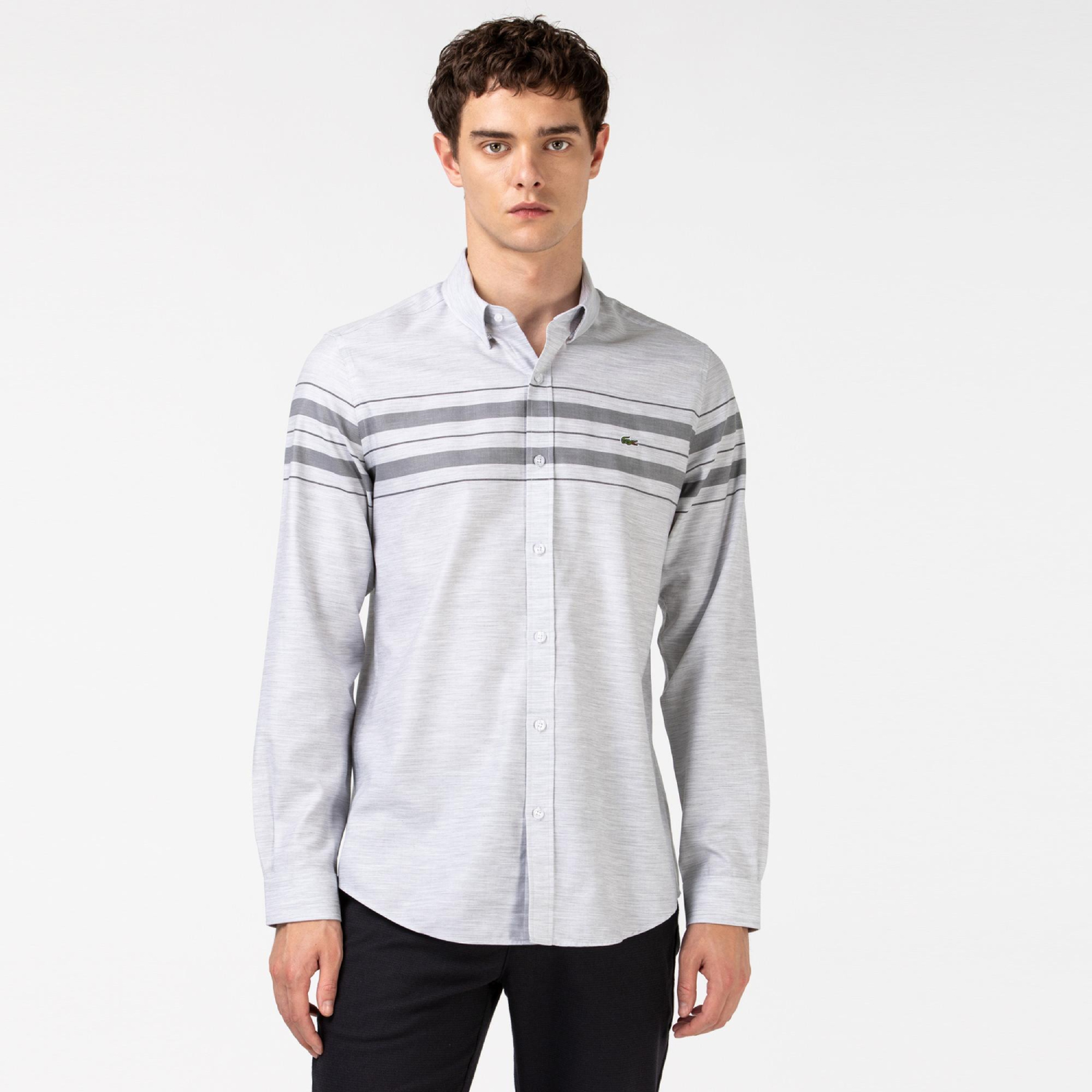 Lacoste Erkek Slim Fit Çizgili Gri Gömlek