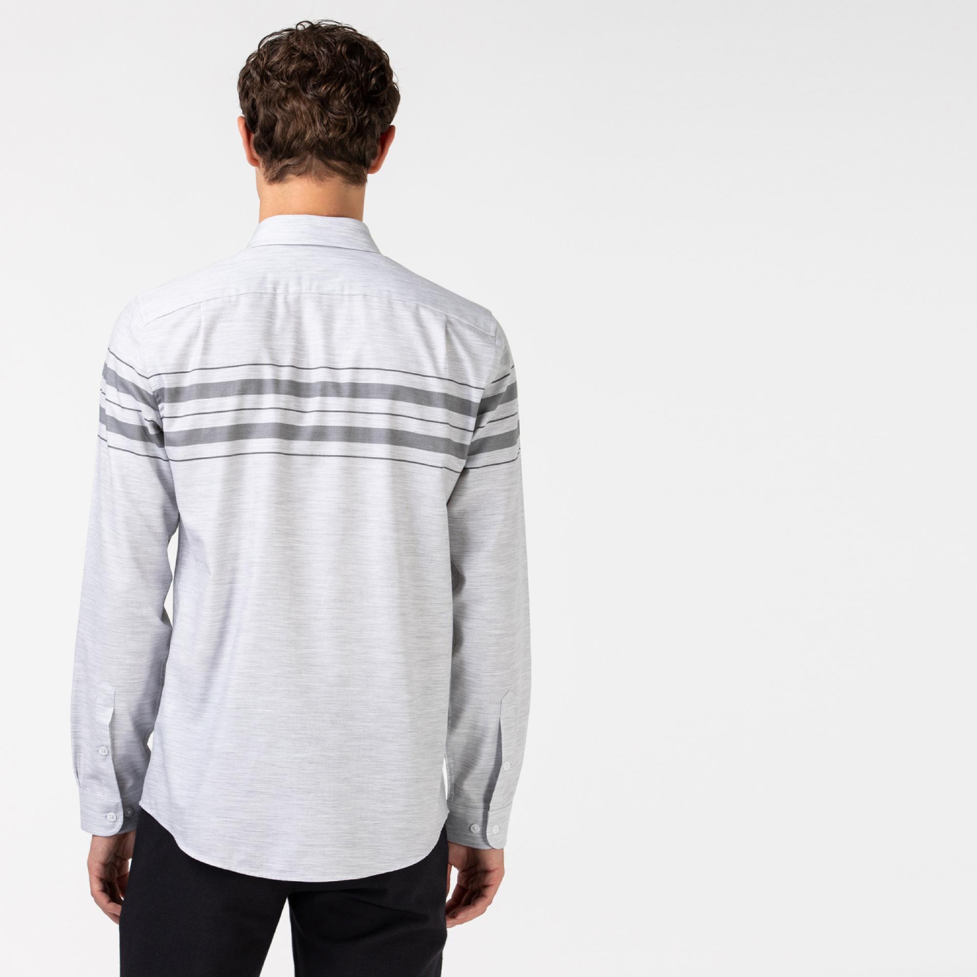 Lacoste Erkek Slim Fit Çizgili Gri Gömlek
