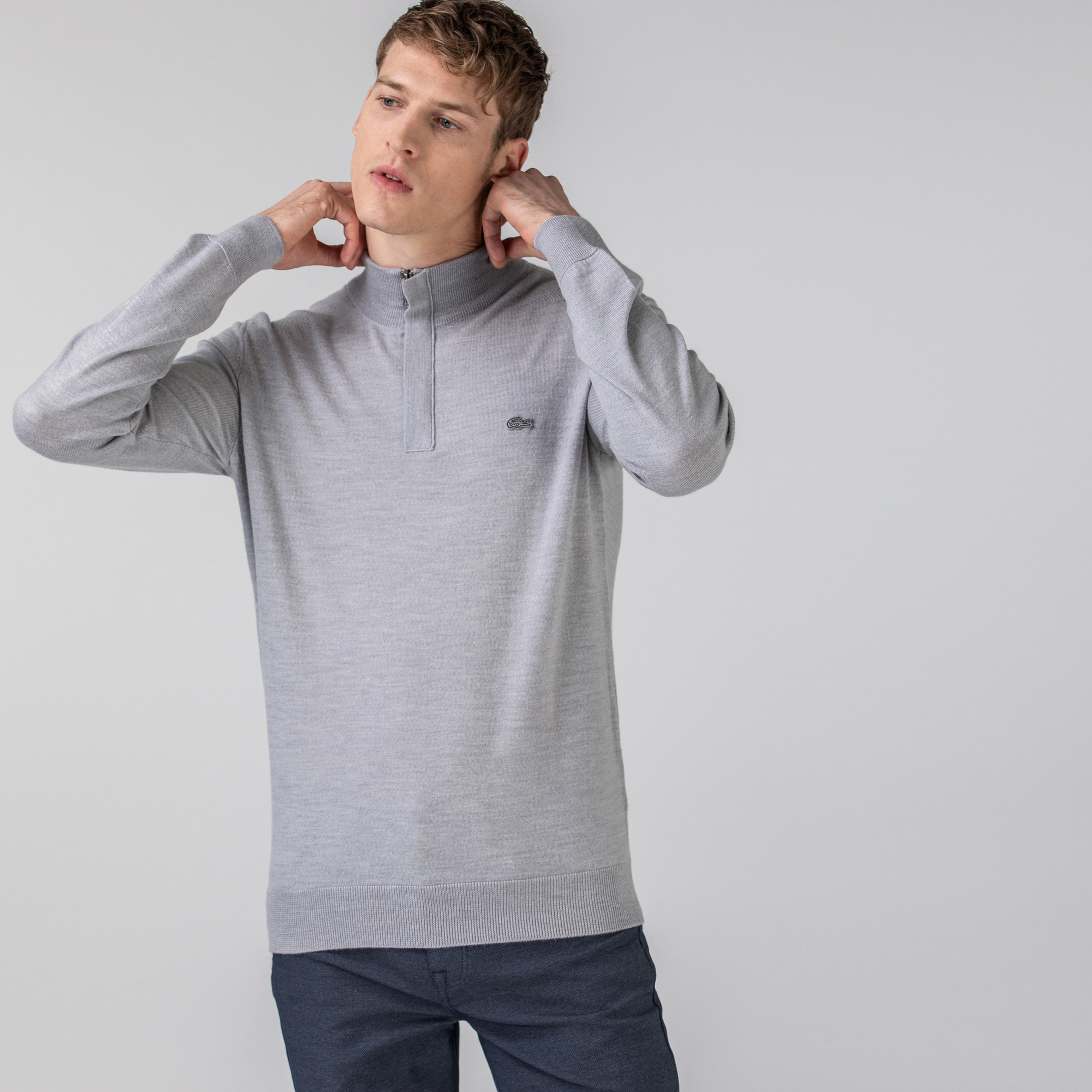 Lacoste Erkek Yün Boğazlı Yaka Gri Triko Kazak