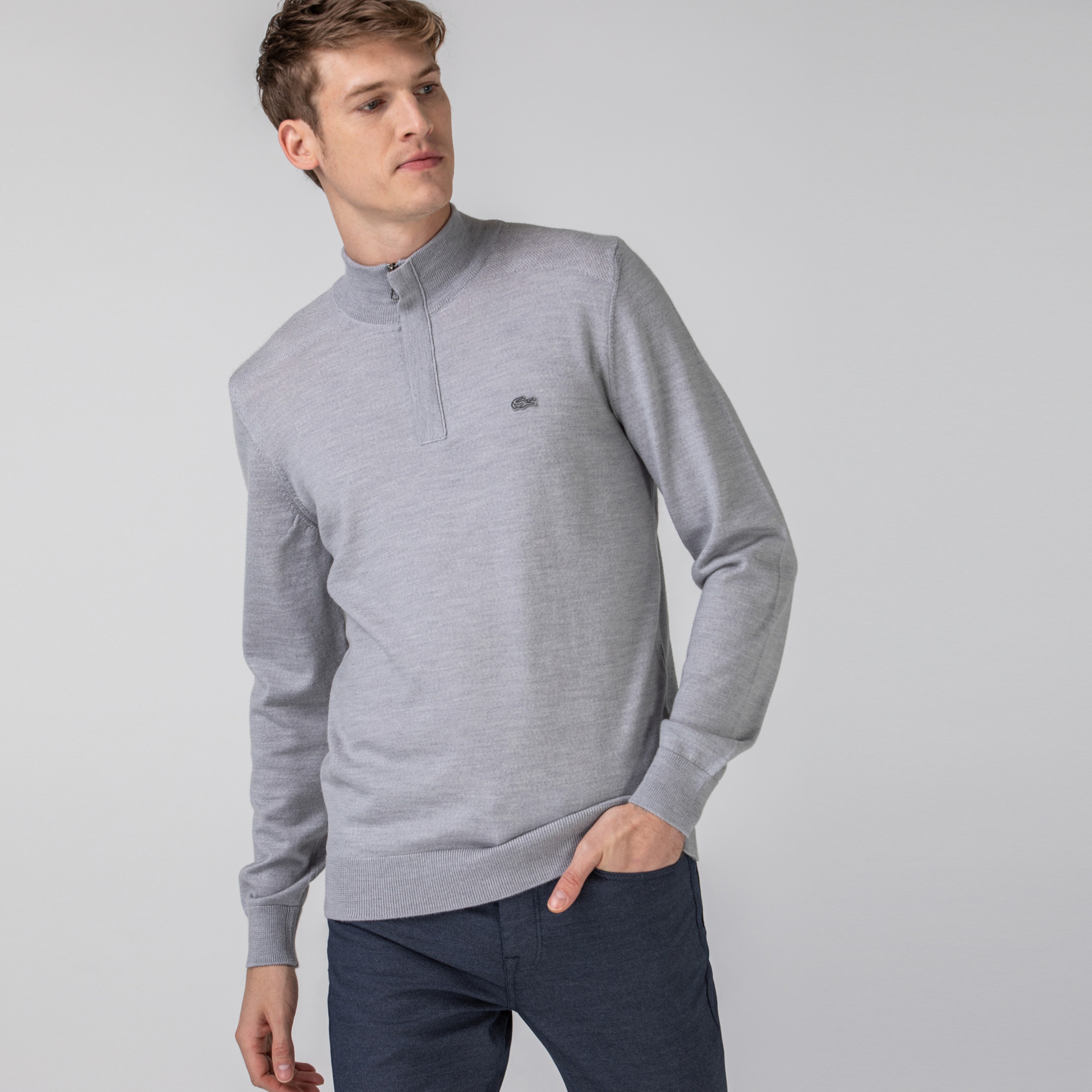 Lacoste Erkek Yün Boğazlı Yaka Gri Triko Kazak