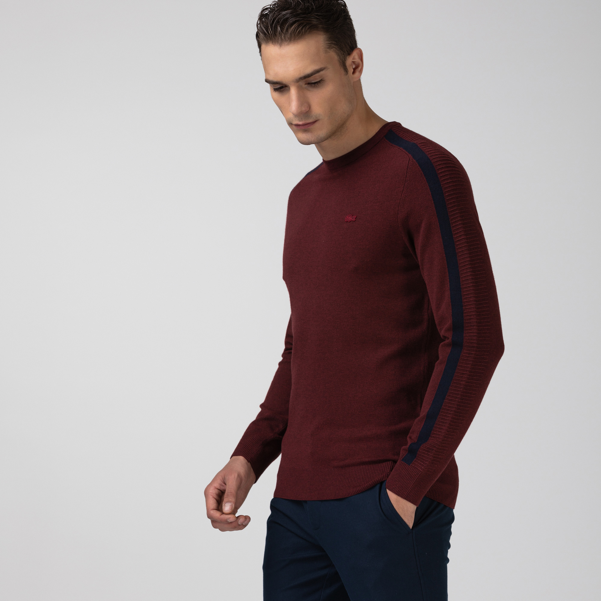 Lacoste Erkek Blok Desenli Bisiklet Yaka Bordo Triko Kazak