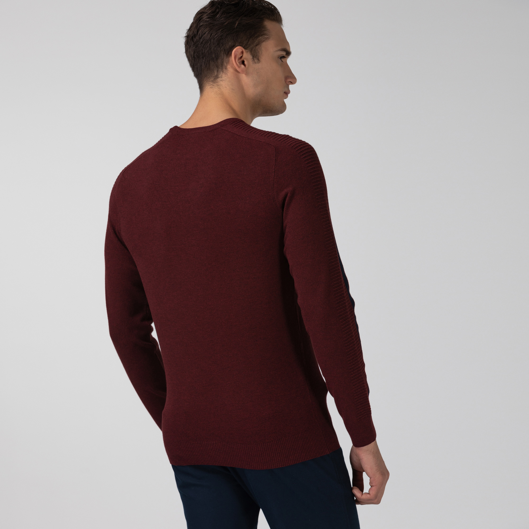 Lacoste Erkek Blok Desenli Bisiklet Yaka Bordo Triko Kazak