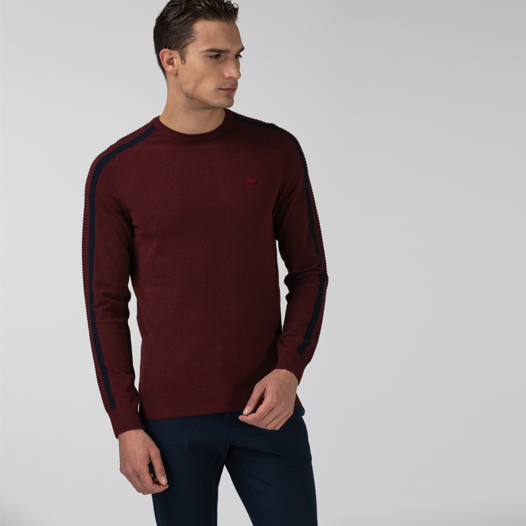 Lacoste Erkek Blok Desenli Bisiklet Yaka Bordo Triko Kazak