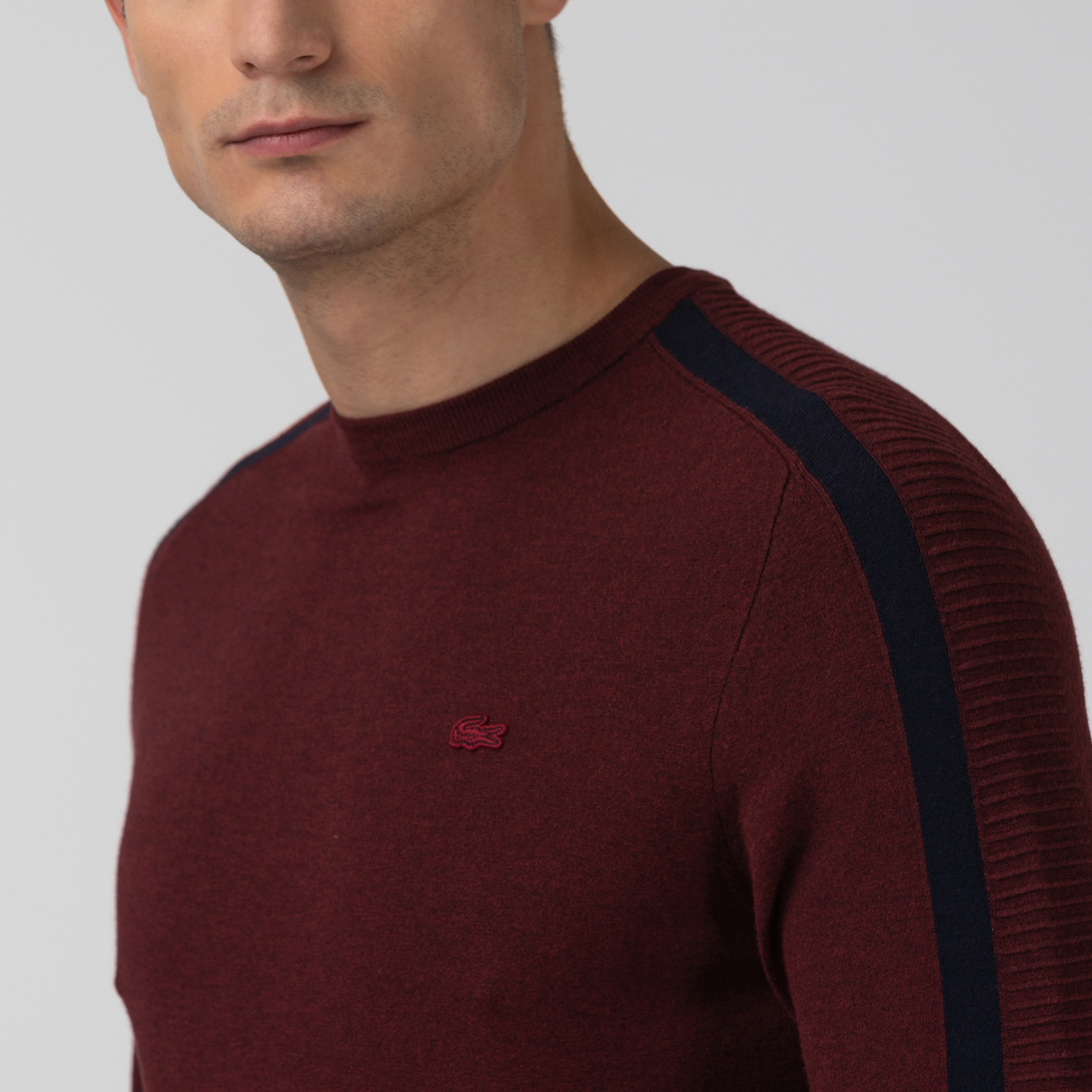 Lacoste Erkek Blok Desenli Bisiklet Yaka Bordo Triko Kazak